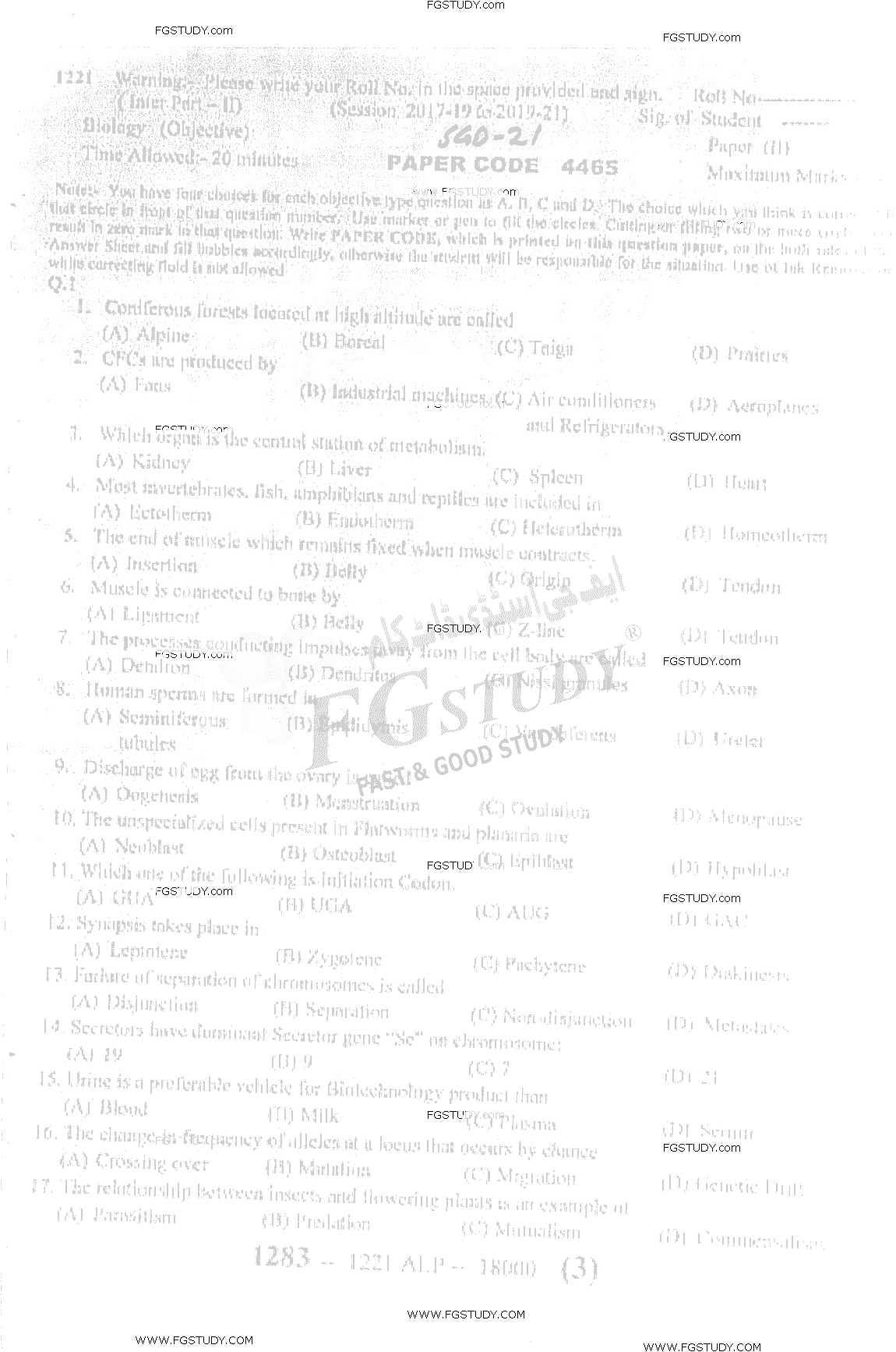 12th Class Biology Past Paper 2021 Sargodha Board Objective