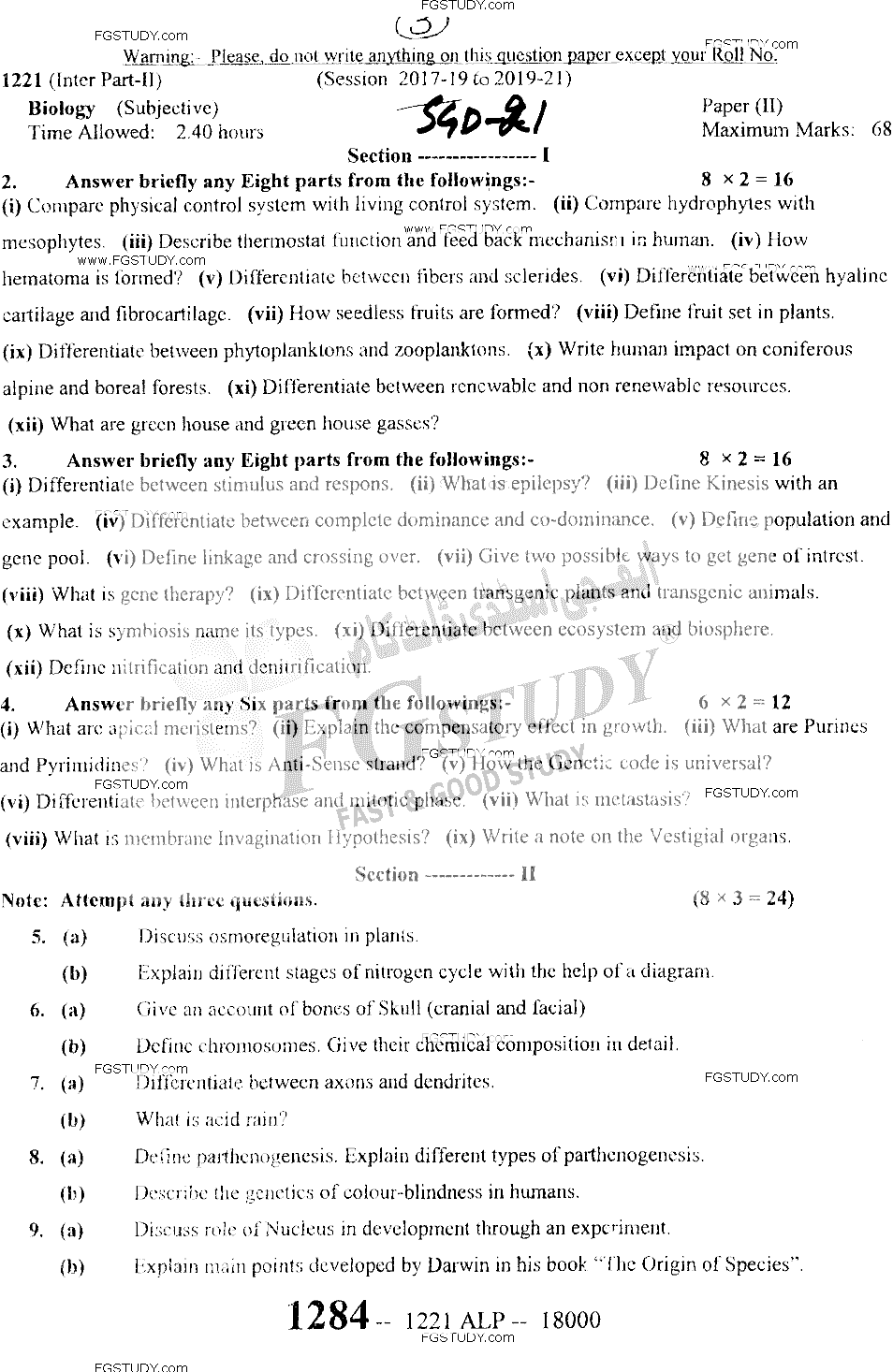 12th Class Biology Past Paper 2021 Sargodha Board Subjective