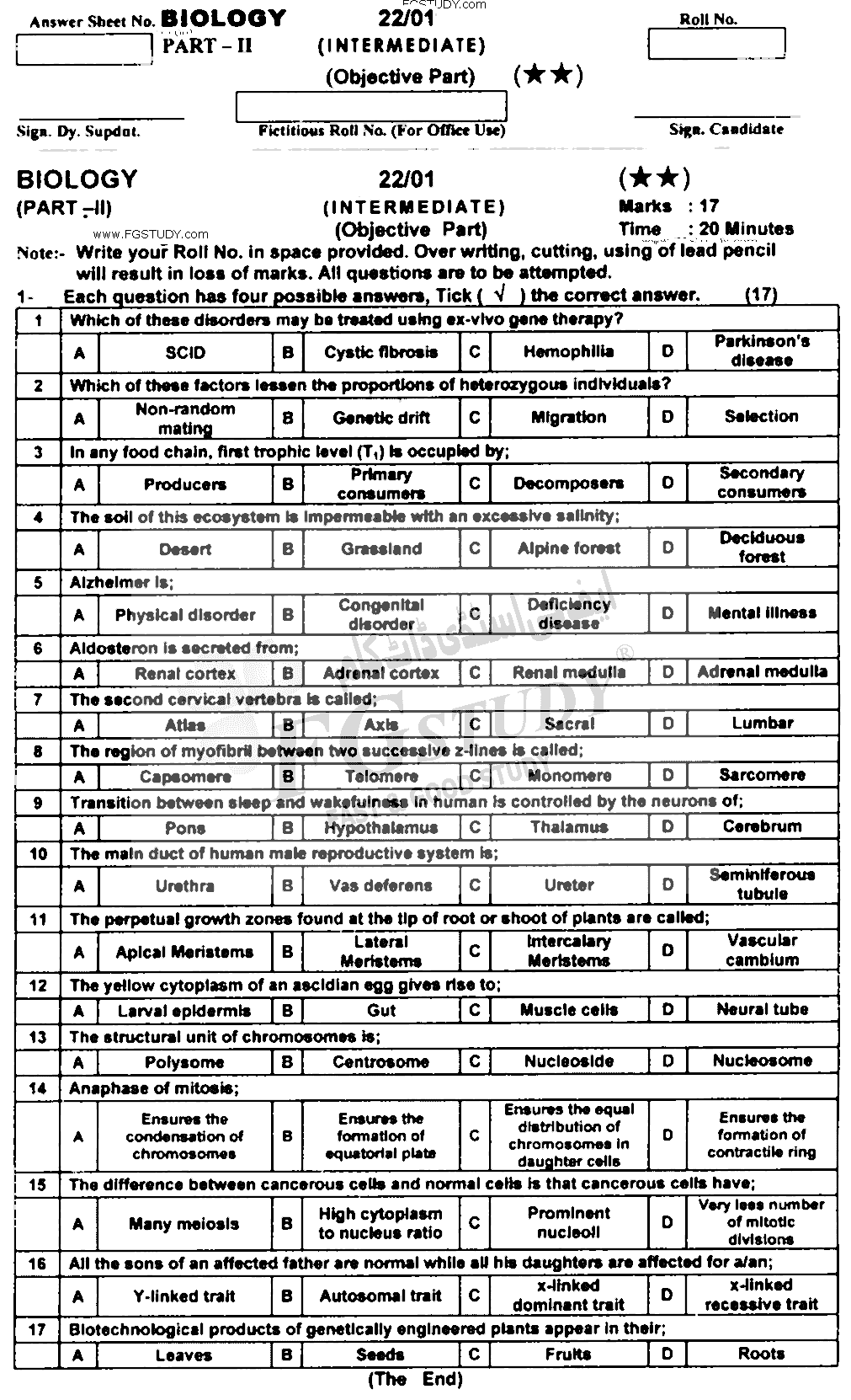 12th Class Biology Past Paper 2022 Ajk Board Objective