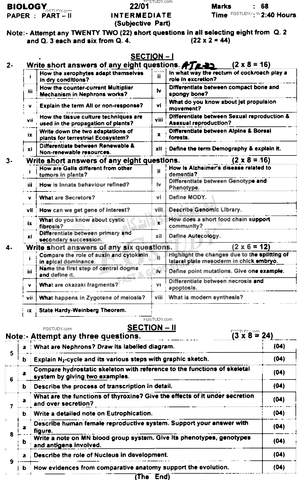 12th Class Biology Past Paper 2022 Ajk Board Subjective