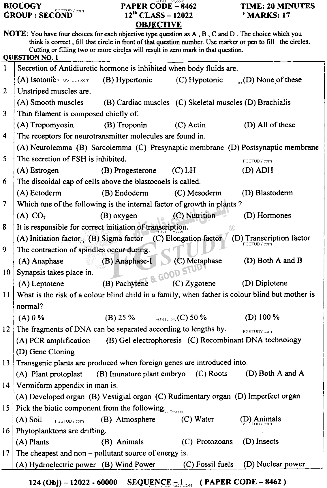 12th Class Biology Past Paper 2022 Dg Khan Board Group 2 Objective