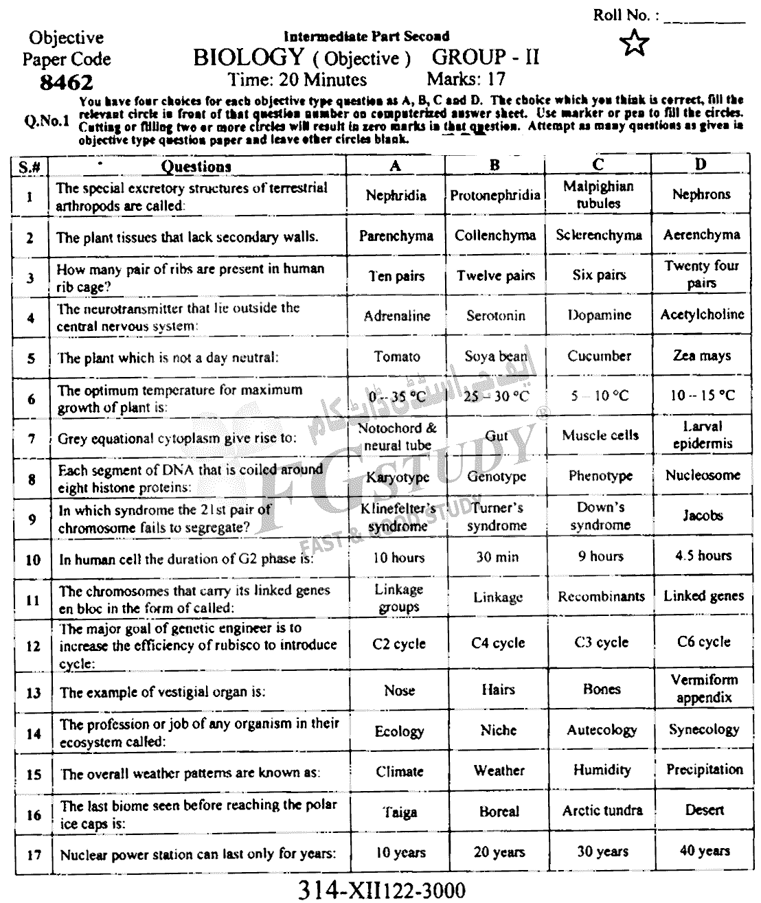 12th Class Biology Past Paper 2022 Faisalabad Board Group 2 Objective