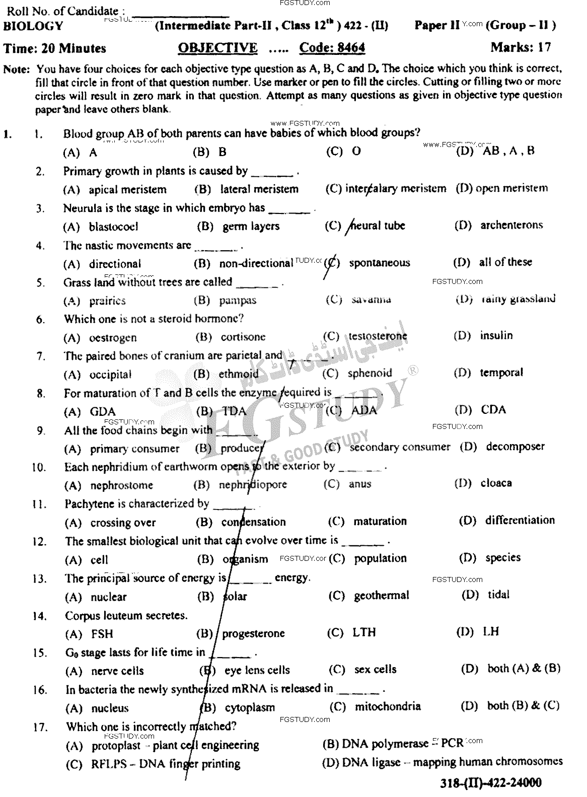 12th Class Biology Past Paper 2022 Gujranwala Board Group 2 Objective