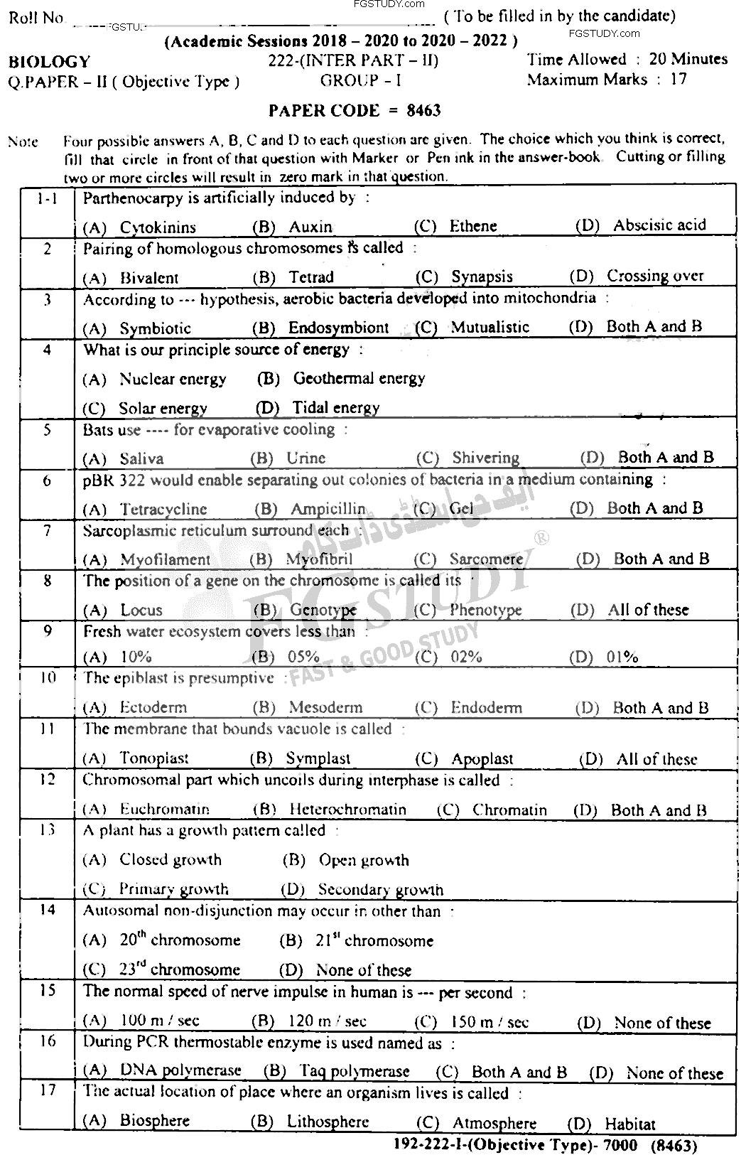 12th Class Biology Past Paper 2022 Lahore Board Group 1 Objective