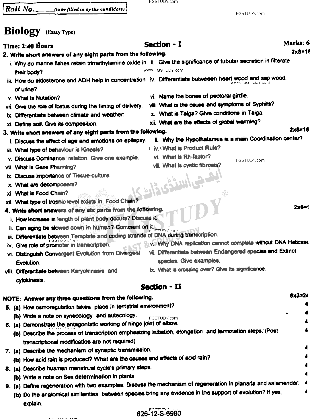12th Class Biology Past Paper 2022 Rawalpindi Board Subjective