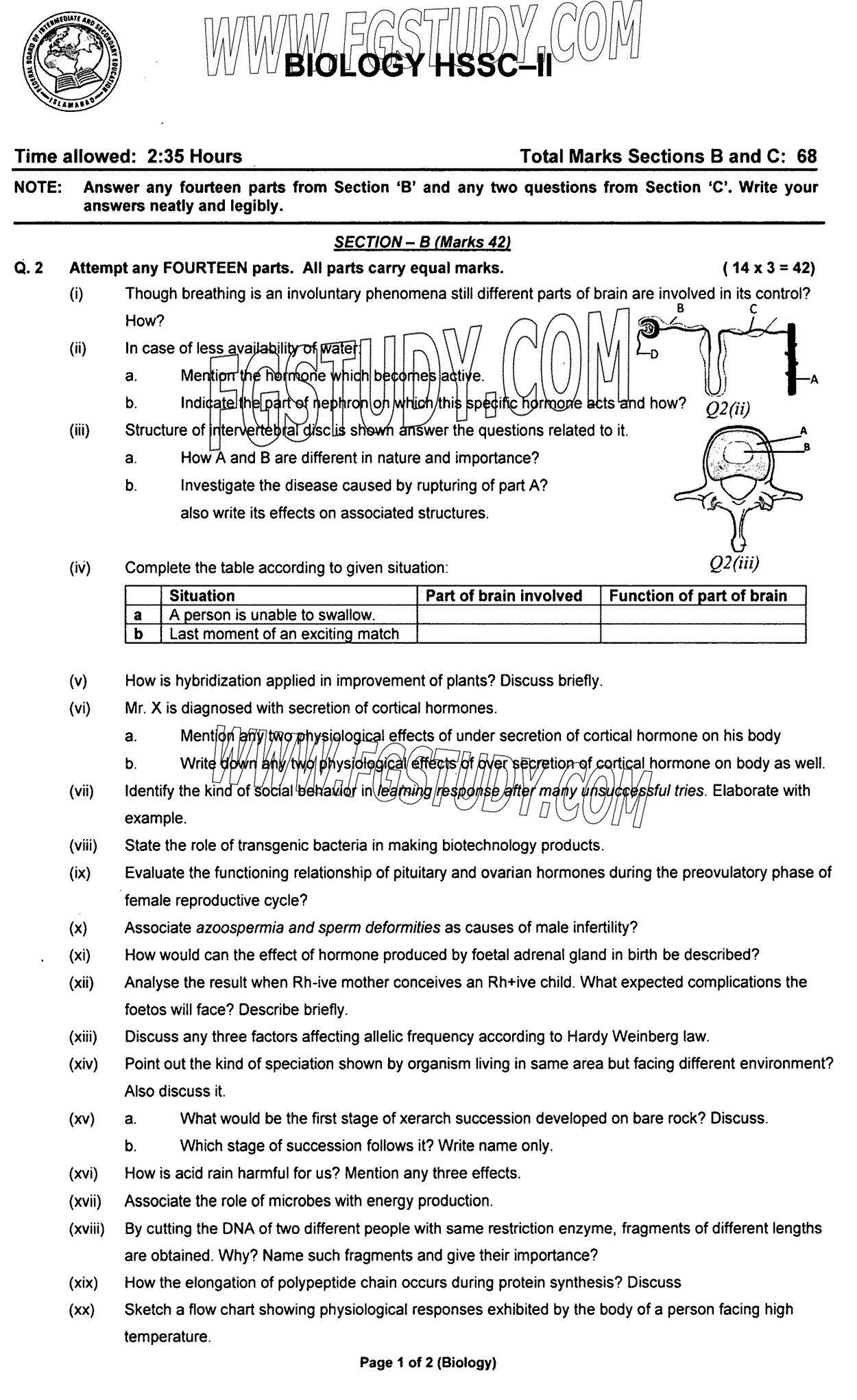 12th Class Biology Past Paper 2023 Federal Board Islamabad Subjective