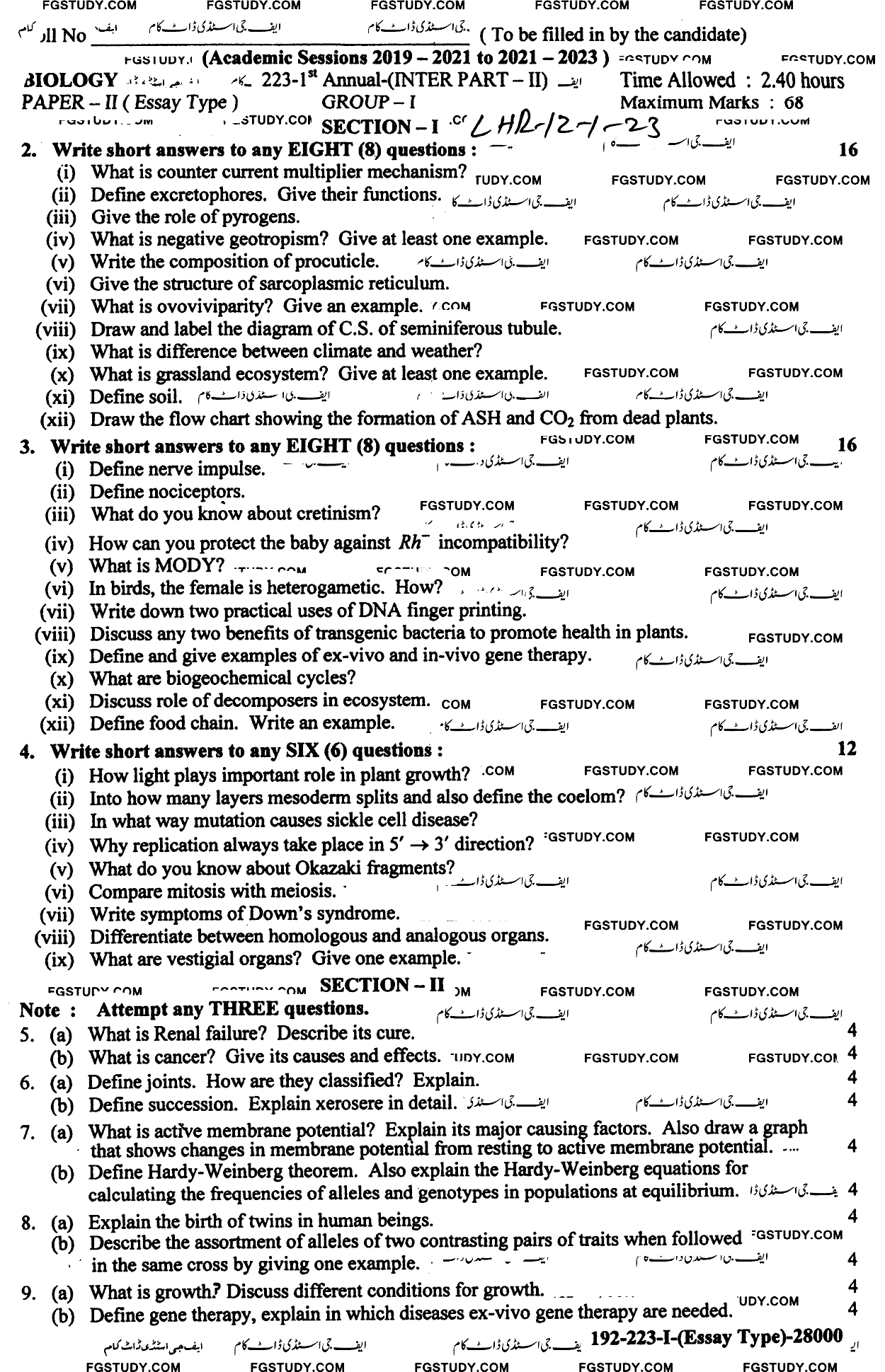 12th Class Biology Past Paper 2023 Lahore Board Group 1 Subjective