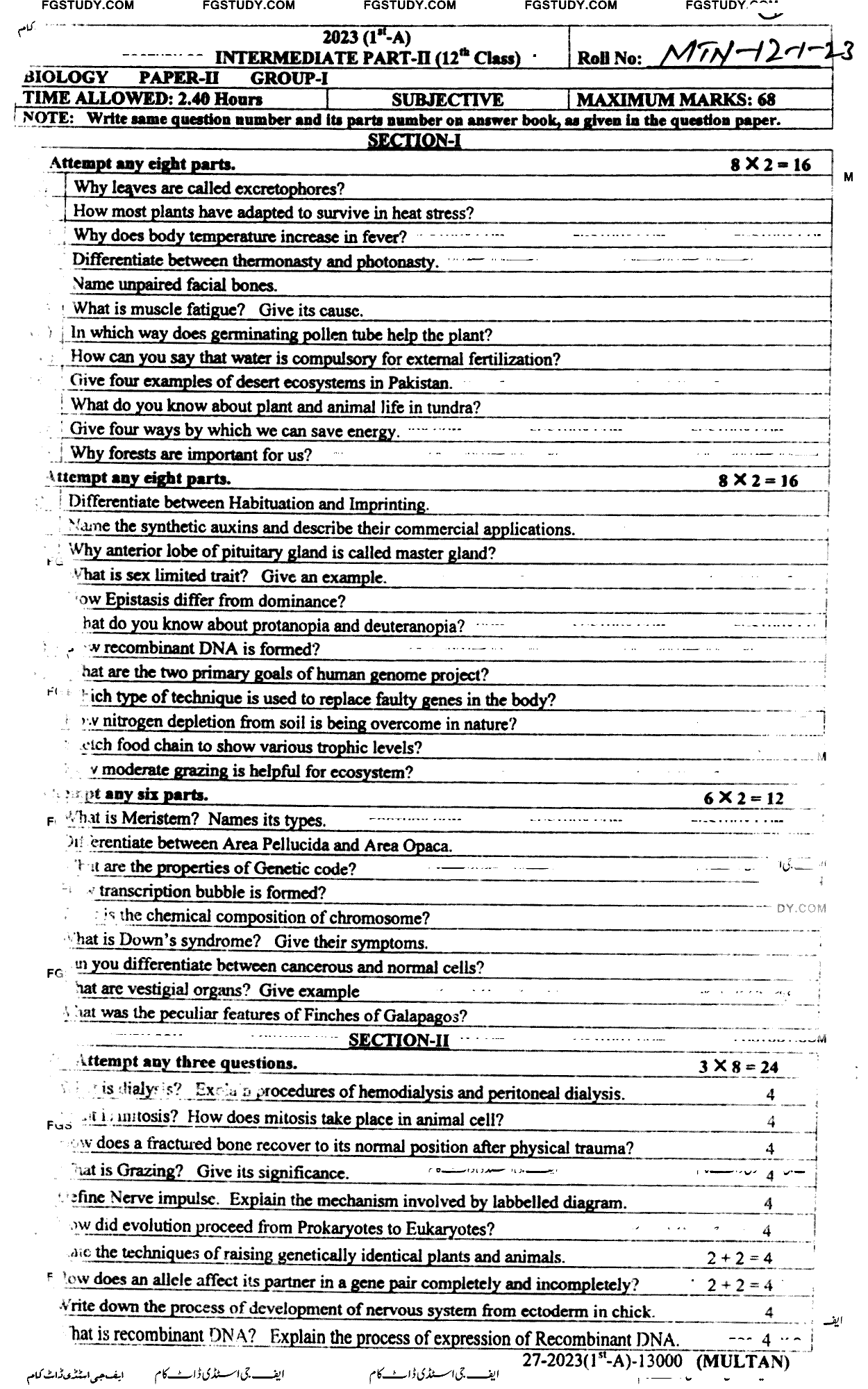 12th Class Biology Past Paper 2023 Multan Board Group 1 Subjective