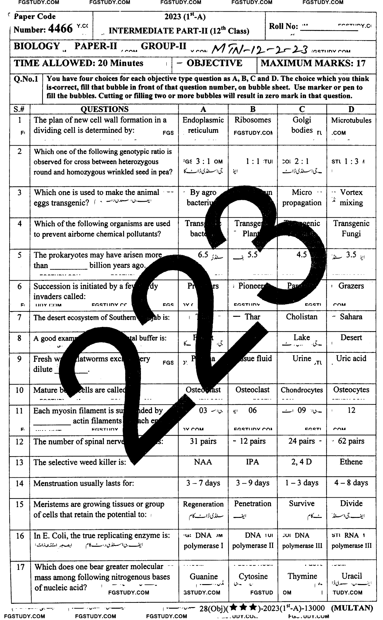 12th Class Biology Past Paper 2023 Multan Board Group 2 Objective