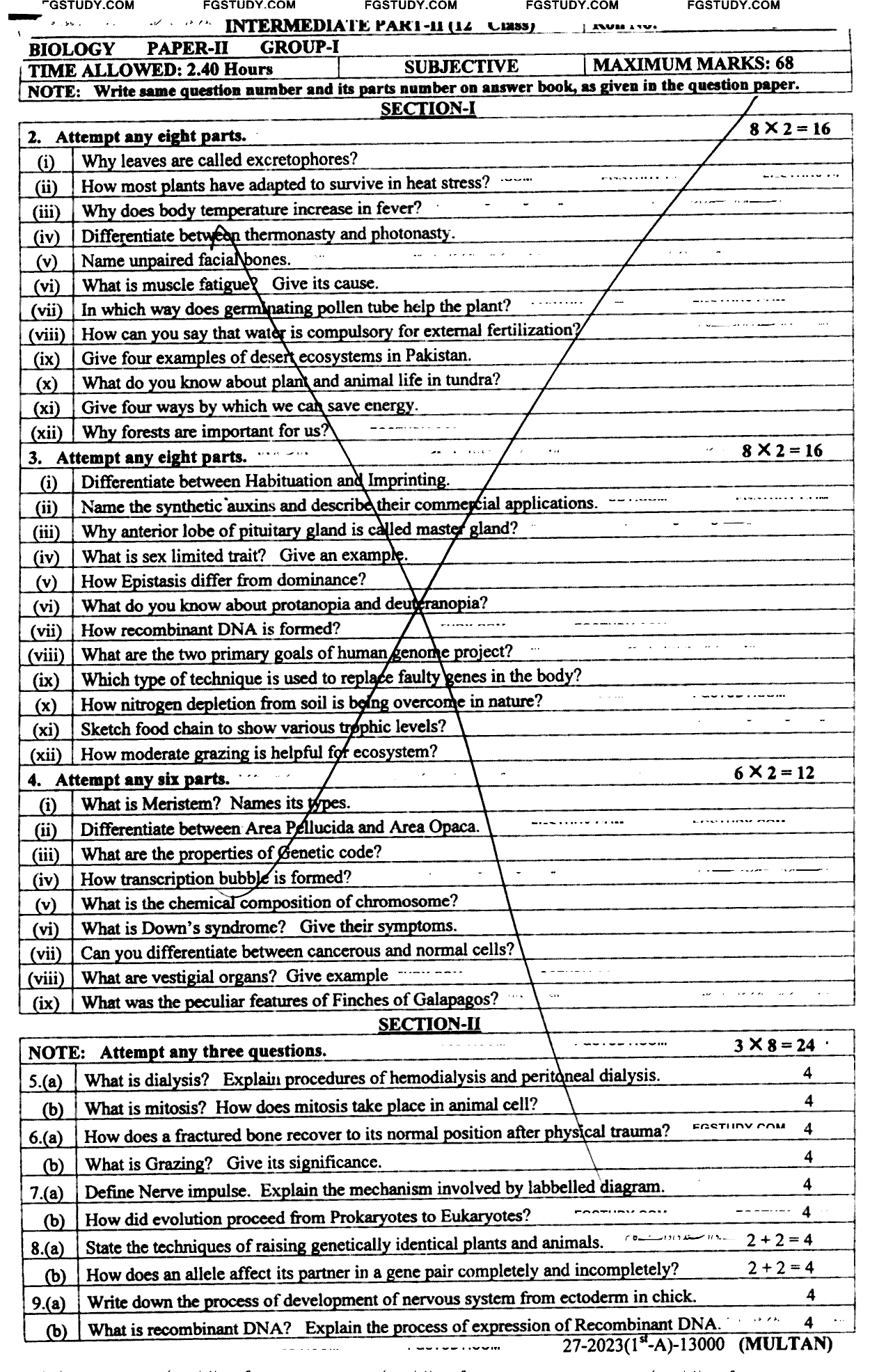12th Class Biology Past Paper 2023 Multan Board Group 2 Subjective