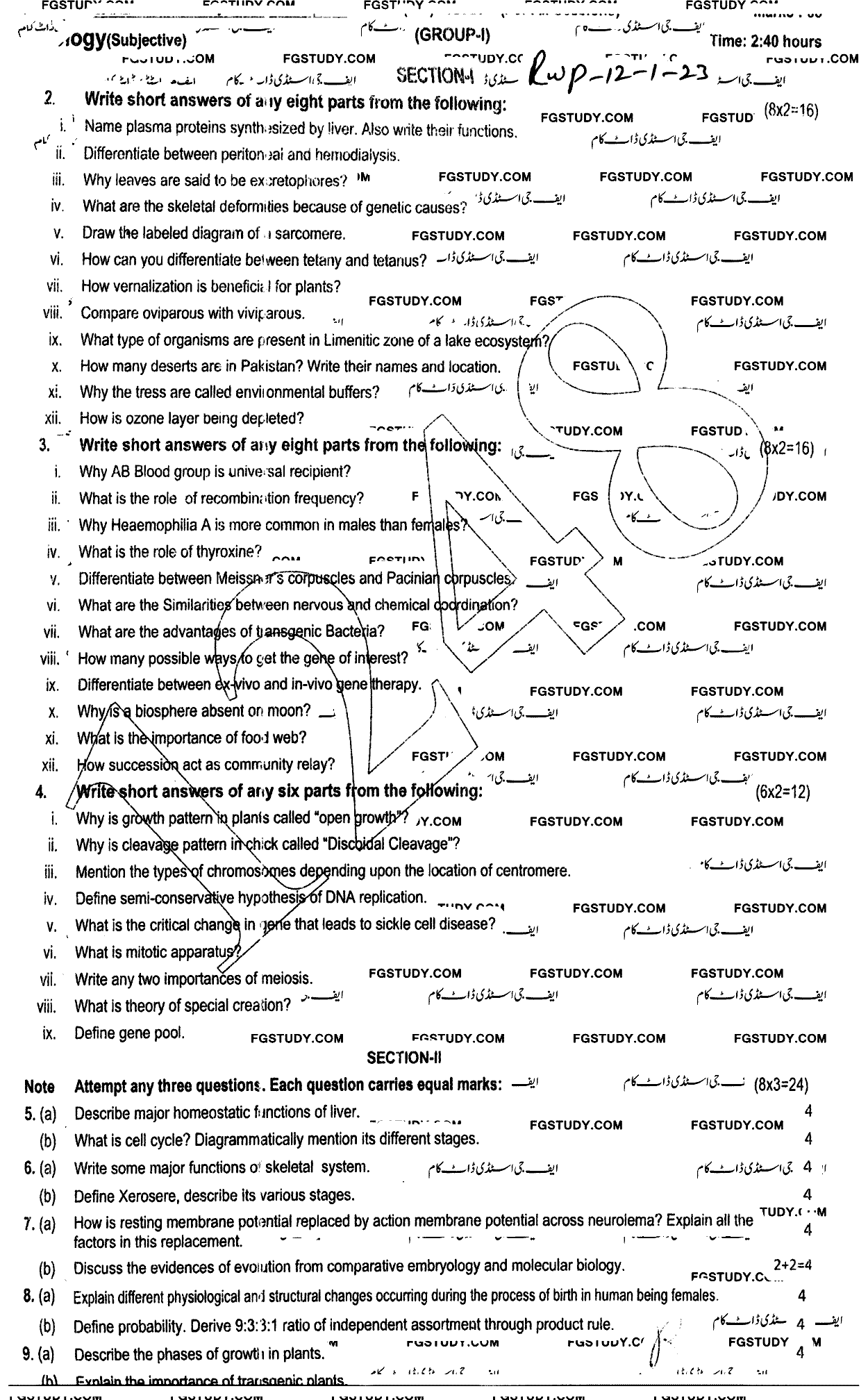 12th Class Biology Past Paper 2023 Rawalpindi Board Group 1 Subjective