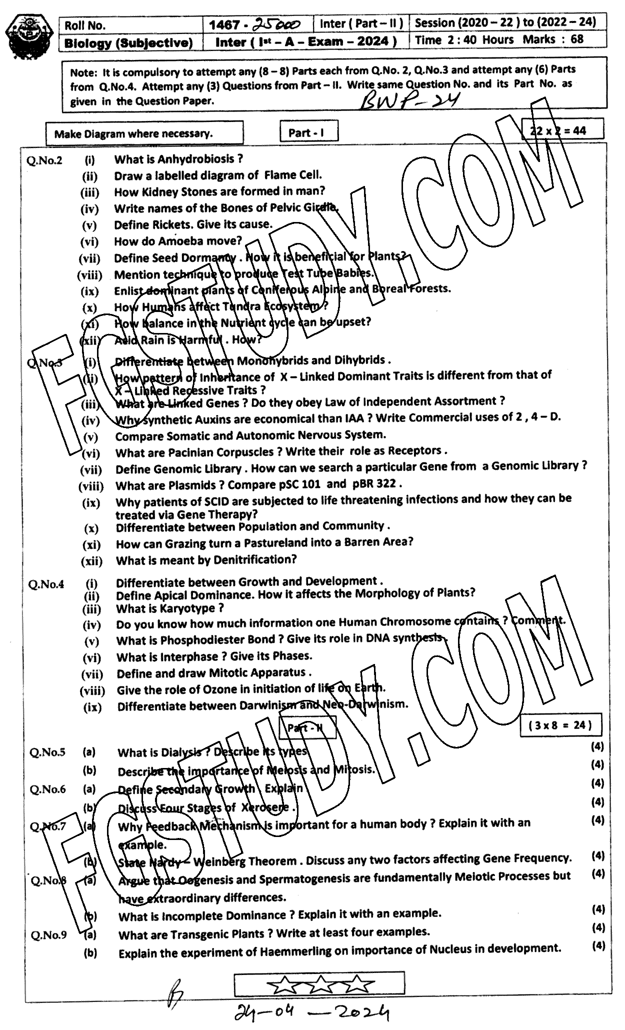 12th Class Biology Past Paper 2024 Bahawalpur Board Subjective