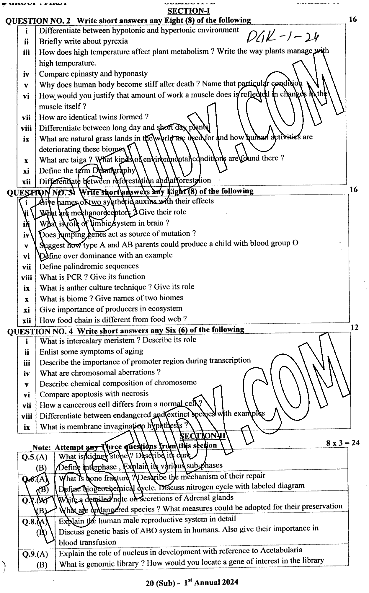 12th Class Biology Past Paper 2024 Dg Khan Board Group 1 Subjective