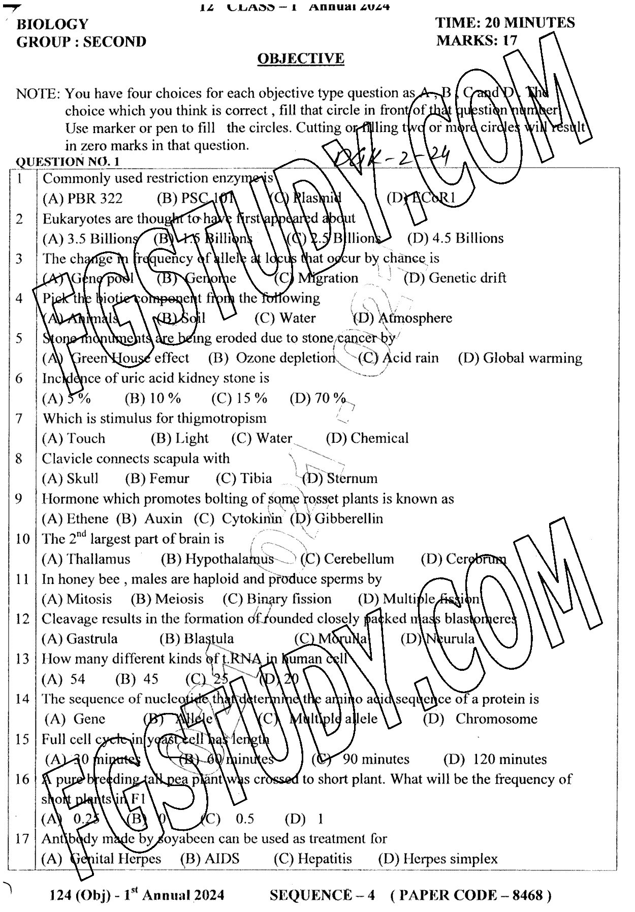 12th Class Biology Past Paper 2024 Dg Khan Board Group 2 Objective