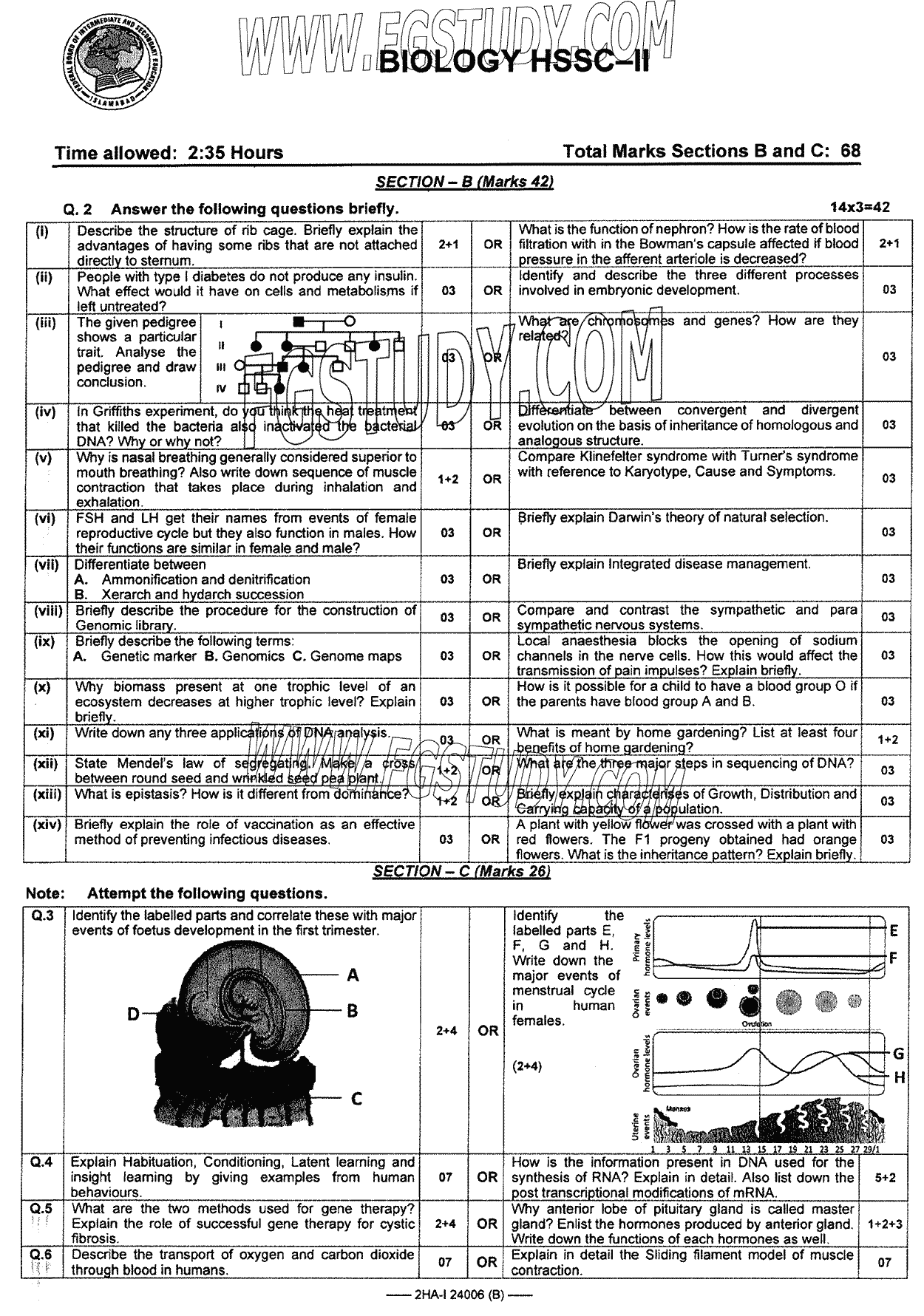 12th Class Biology Past Paper 2024 Federal Board Islamabad Group 1 Subjective