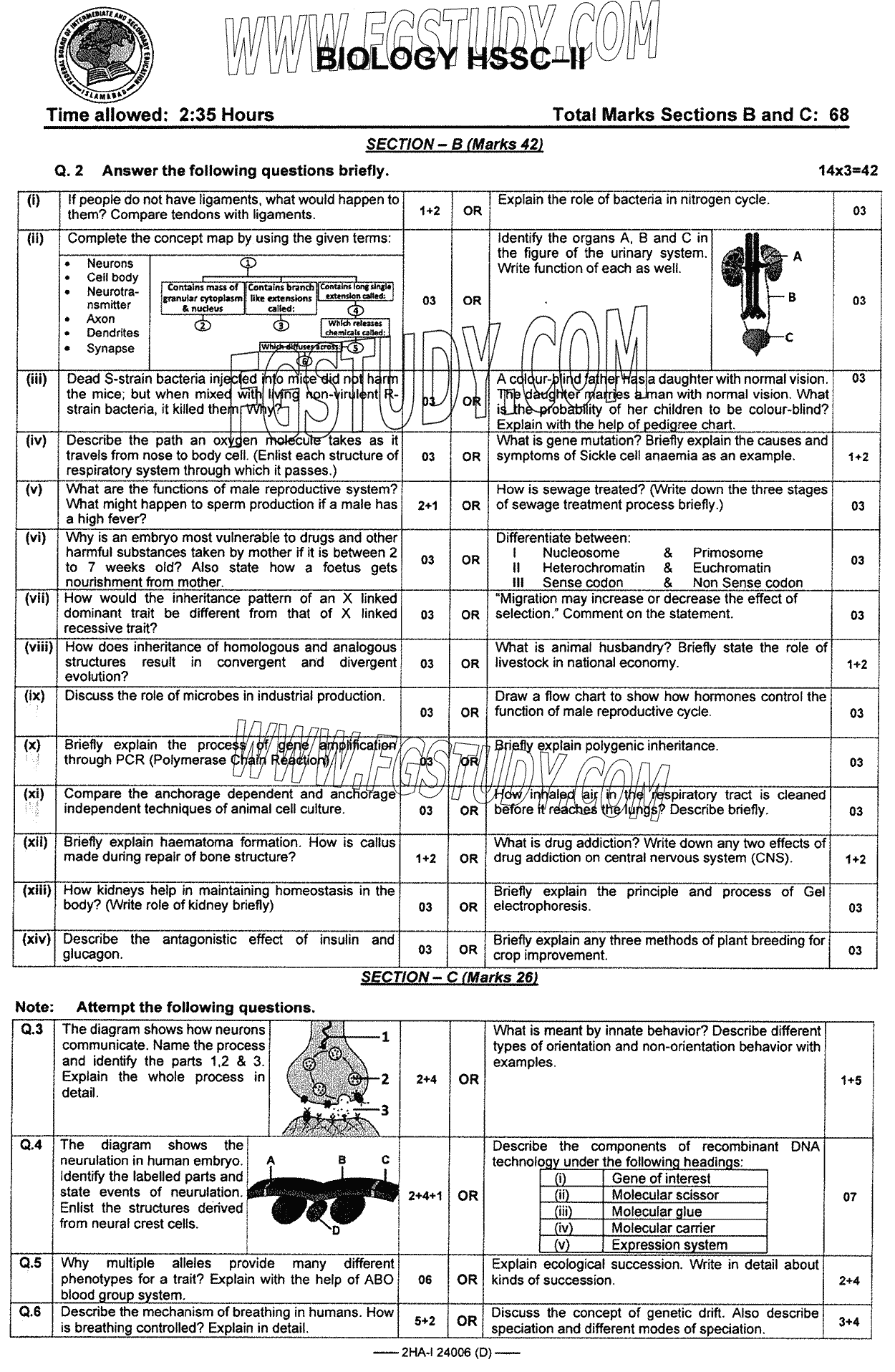 12th Class Biology Past Paper 2024 Federal Board Islamabad Group 2 Subjective