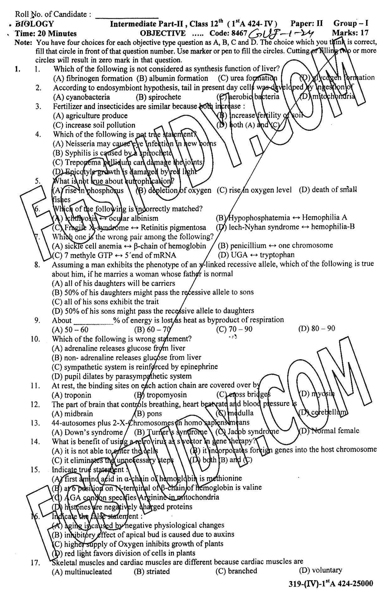 12th Class Biology Past Paper 2024 Gujranwala Board Group 1 Objective