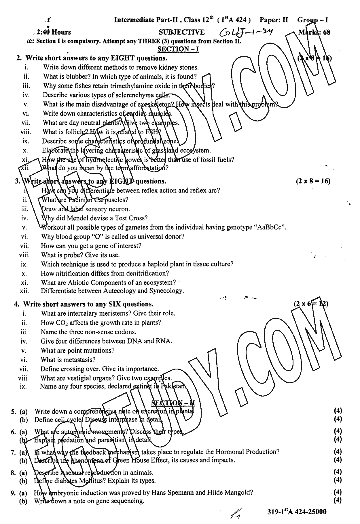 12th Class Biology Past Paper 2024 Gujranwala Board Group 1 Subjective