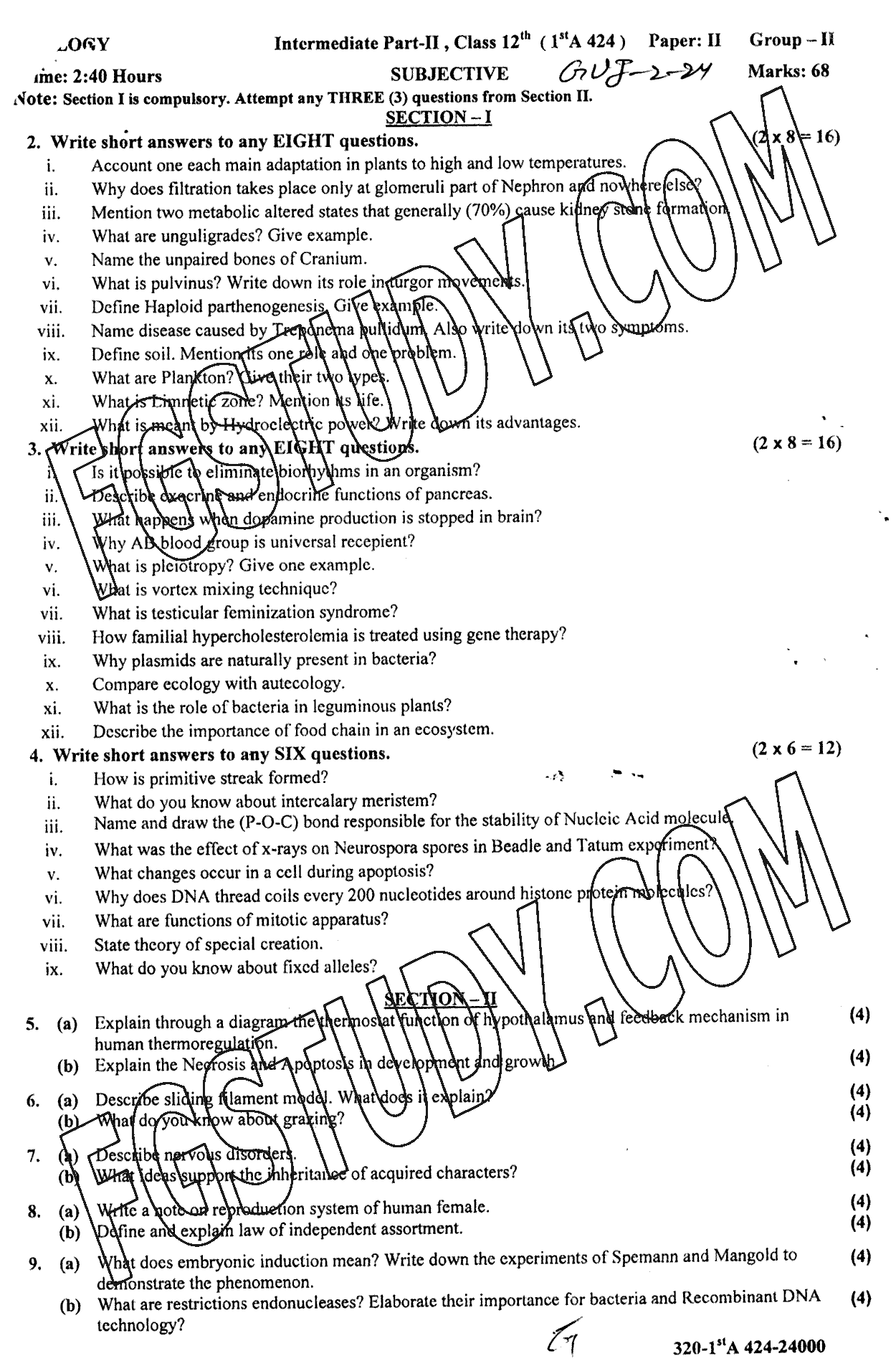 12th Class Biology Past Paper 2024 Gujranwala Board Group 2 Subjective