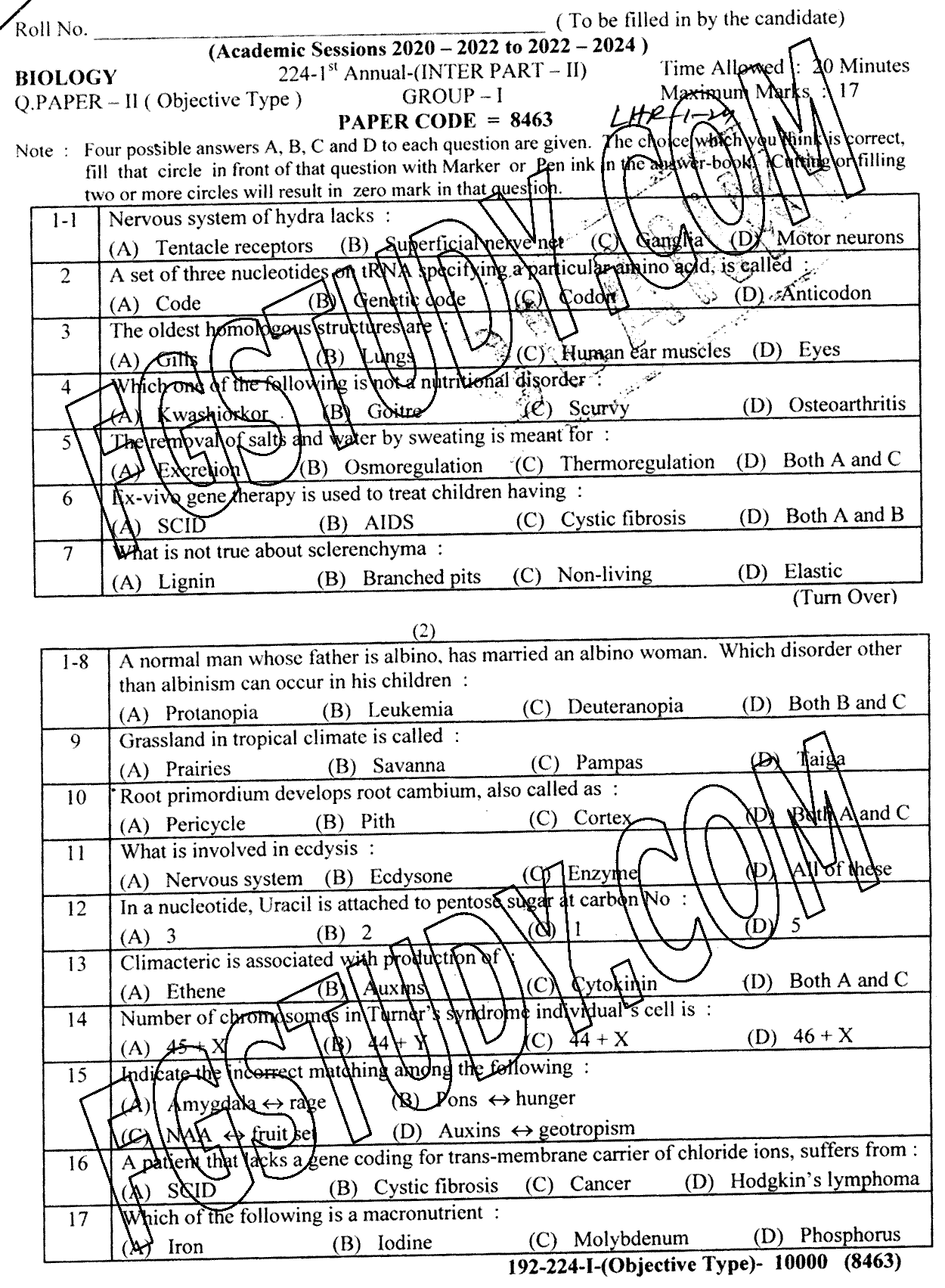 12th Class Biology Past Paper 2024 Lahore Board Group 1 Objective