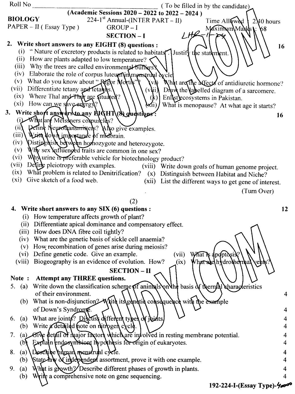 12th Class Biology Past Paper 2024 Lahore Board Group 1 Subjective