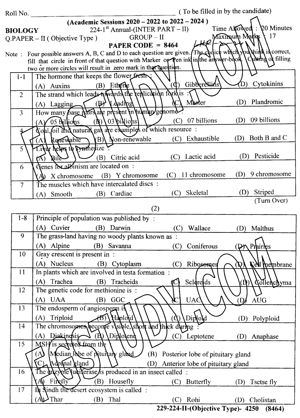 12th Class Biology Past Paper 2024 Lahore Board Group 2 Objective