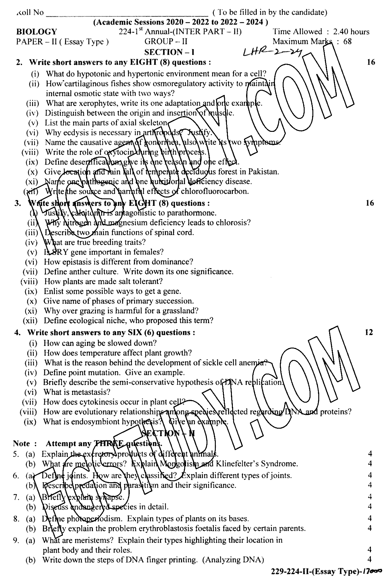 12th Class Biology Past Paper 2024 Lahore Board Group 2 Subjective