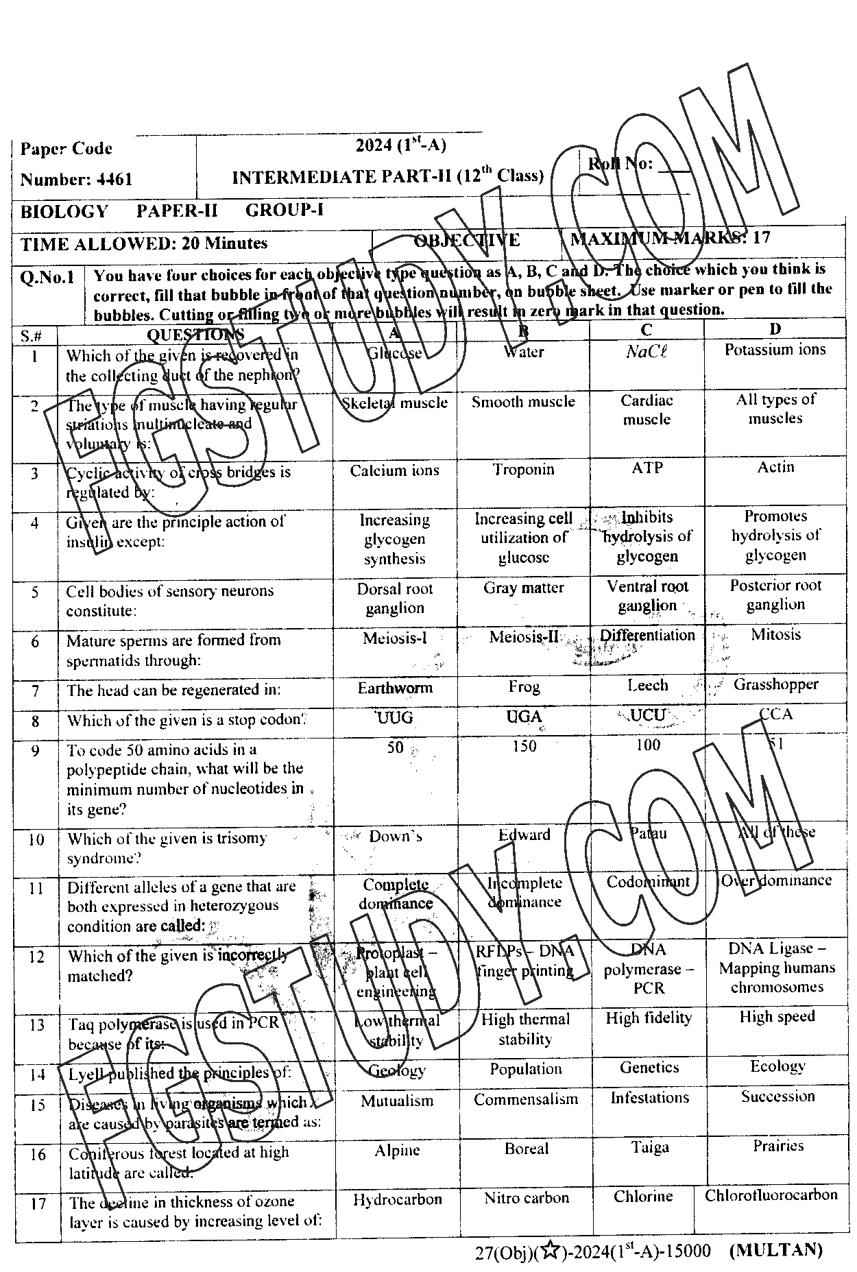 12th Class Biology Past Paper 2024 Multan Board Group 1 Objective