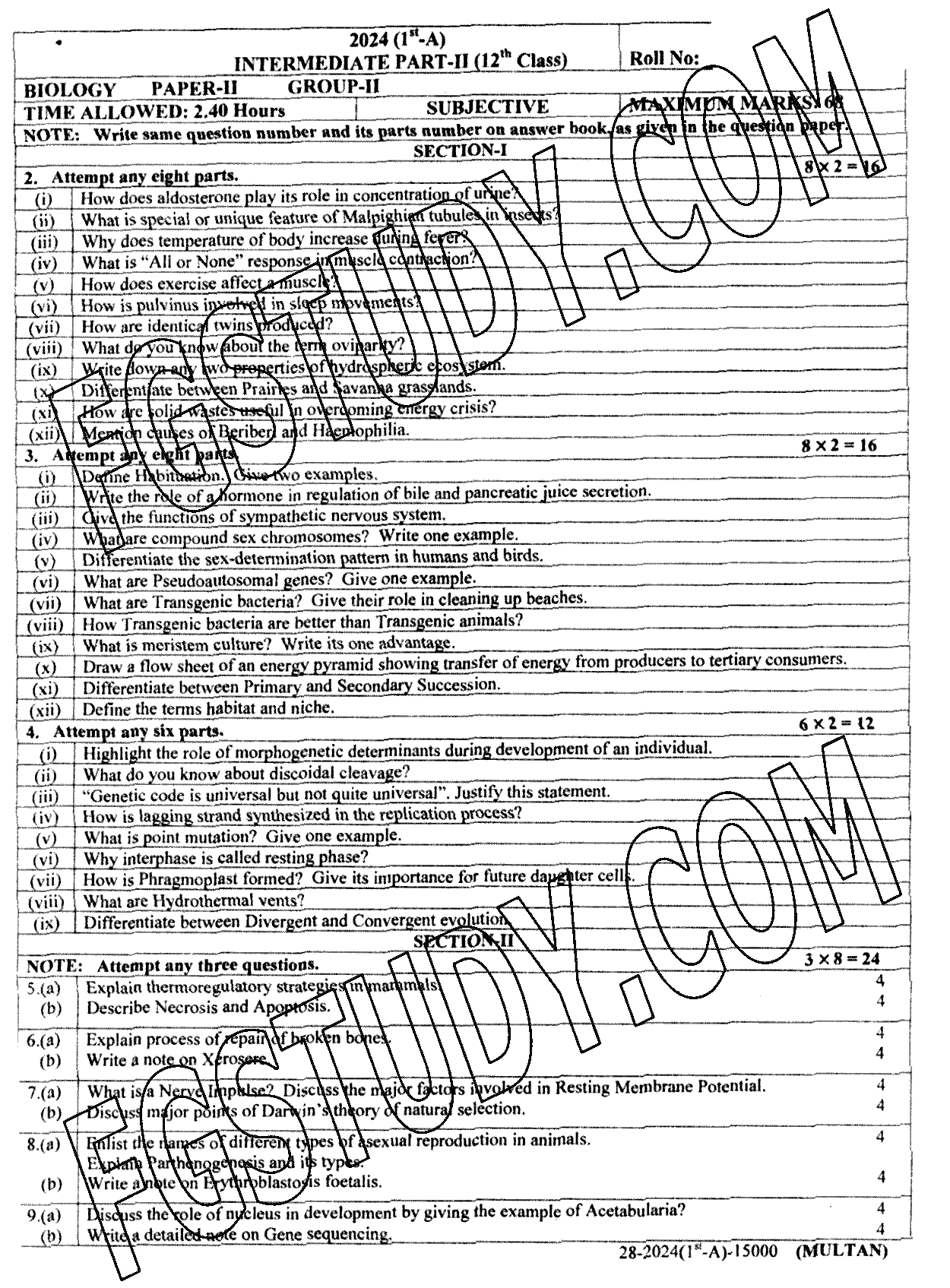 12th Class Biology Past Paper 2024 Multan Board Group 2 Subjective