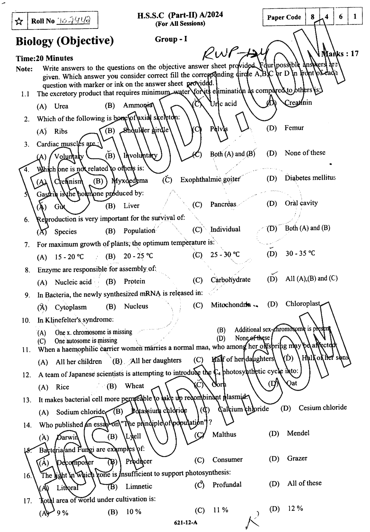 12th Class Biology Past Paper 2024 Rawalpindi Board Group 1 Objective