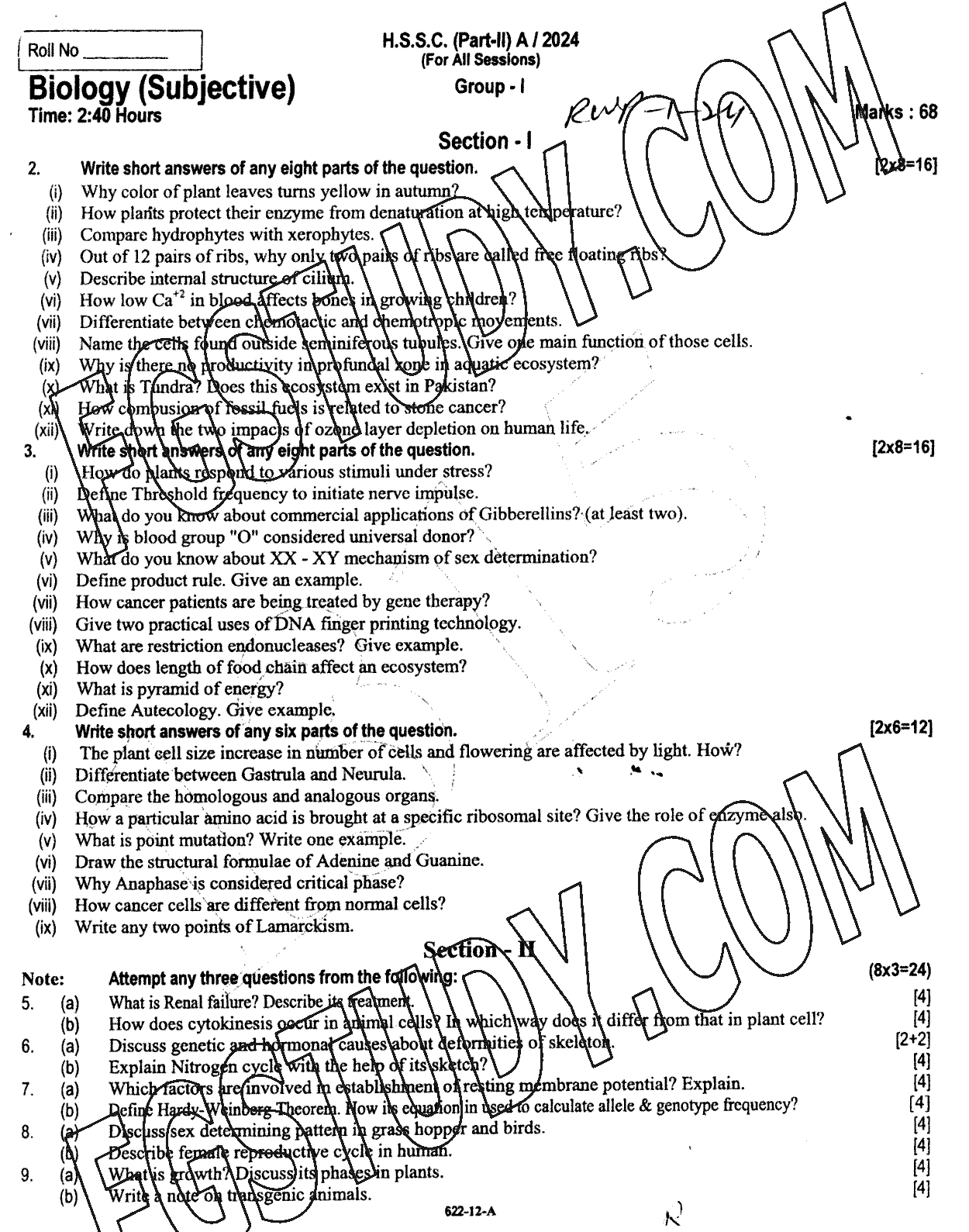 12th Class Biology Past Paper 2024 Rawalpindi Board Group 1 Subjective