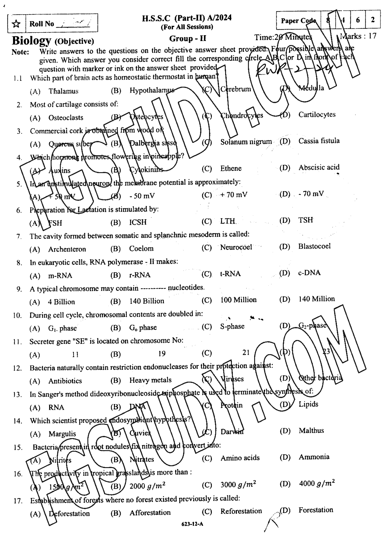12th Class Biology Past Paper 2024 Rawalpindi Board Group 2 Objective