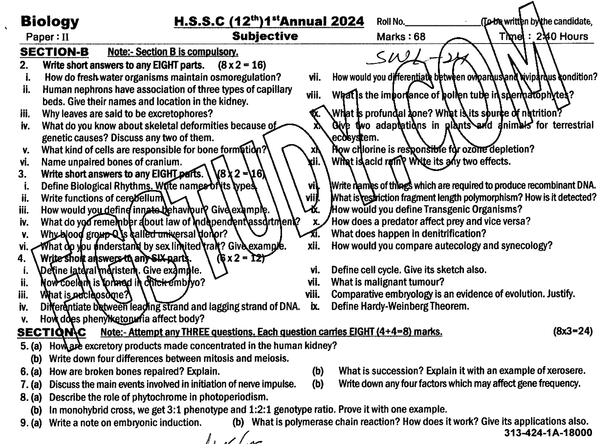 12th Class Biology Past Paper 2024 Sahiwal Board Subjective