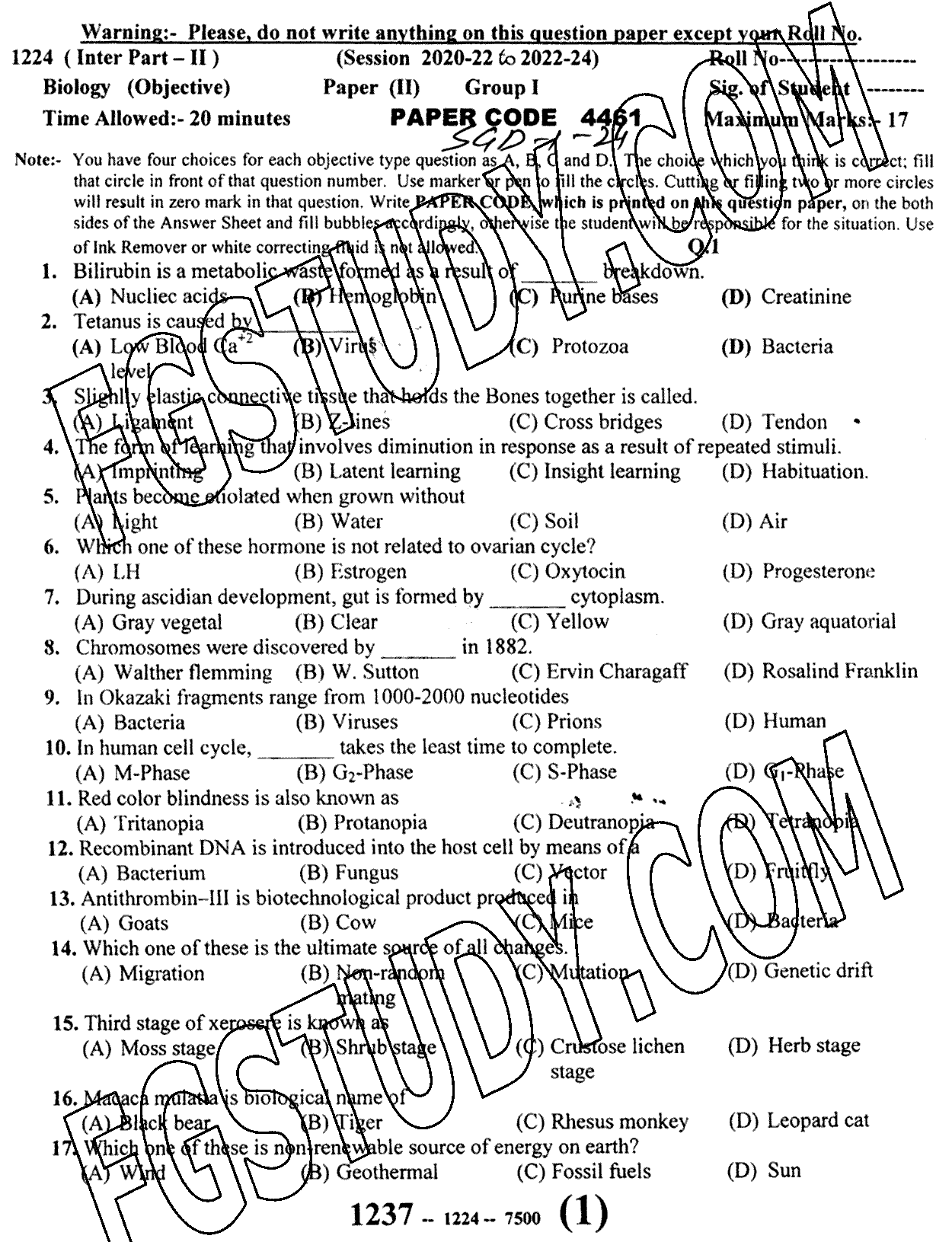 12th Class Biology Past Paper 2024 Sargodha Board Group 1 Objective