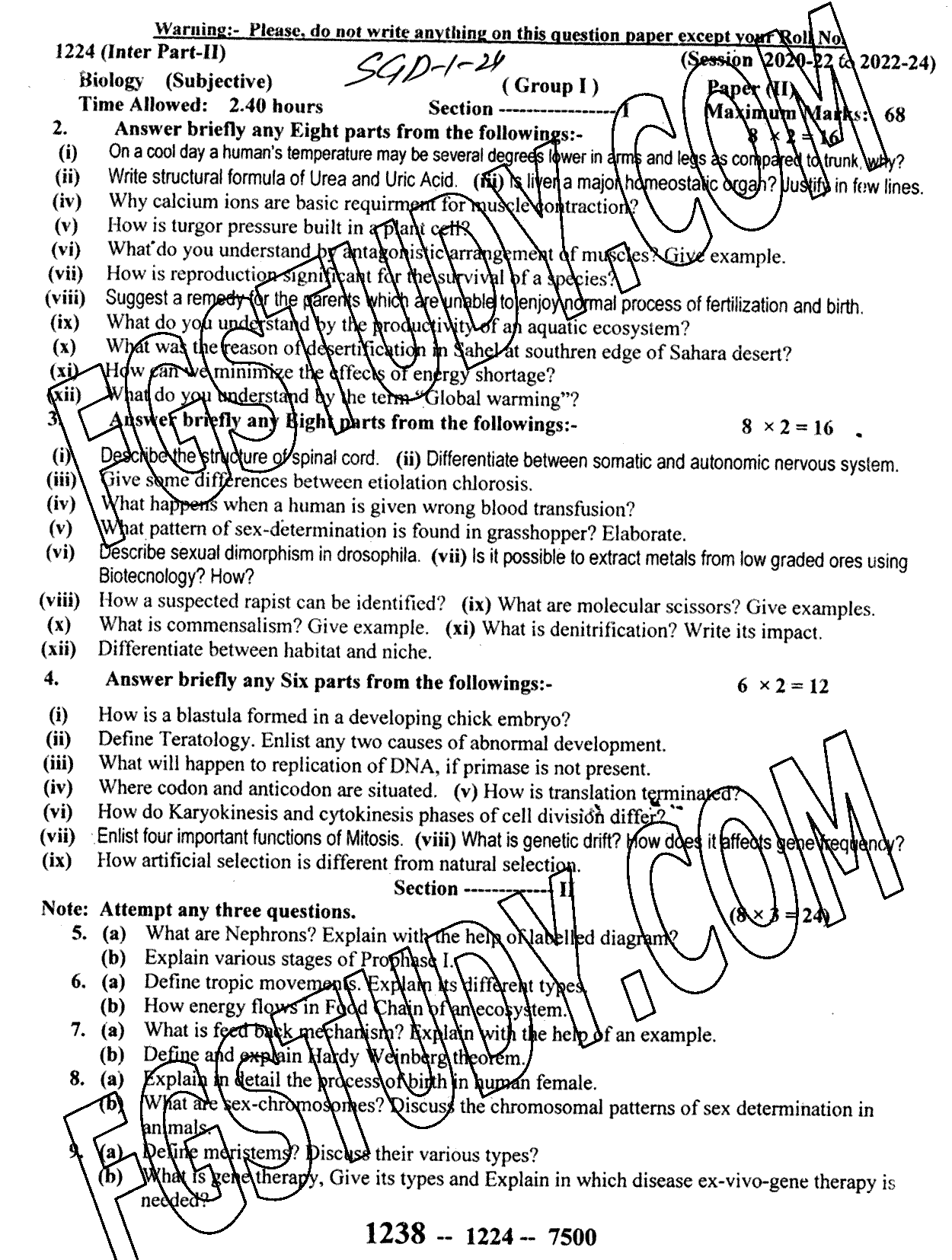 12th Class Biology Past Paper 2024 Sargodha Board Group 1 Subjective