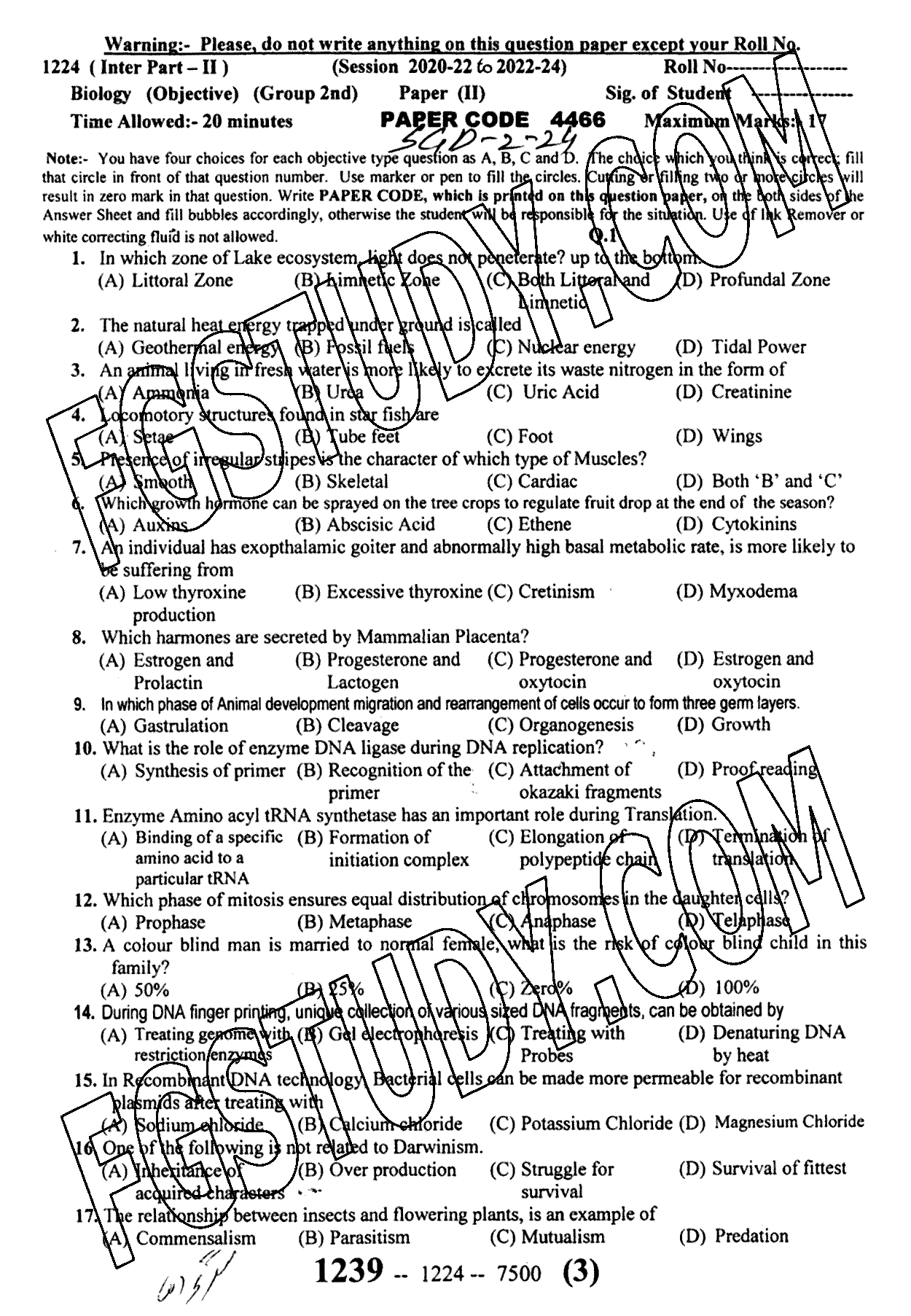 12th Class Biology Past Paper 2024 Sargodha Board Group 2 Objective