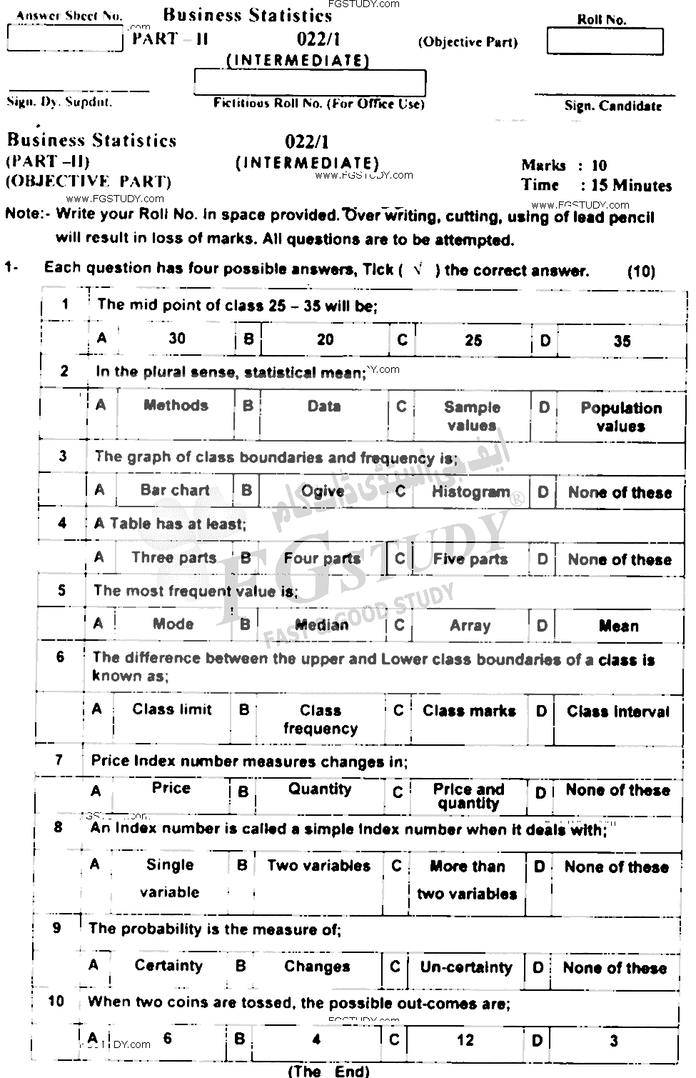12th Class Business Statistics Past Paper 2022 Ajk Board Objective