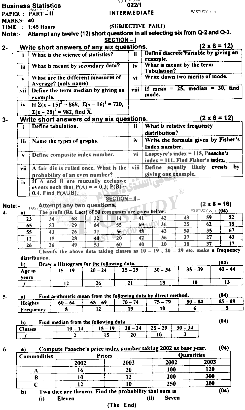 12th Class Business Statistics Past Paper 2022 Ajk Board Subjective