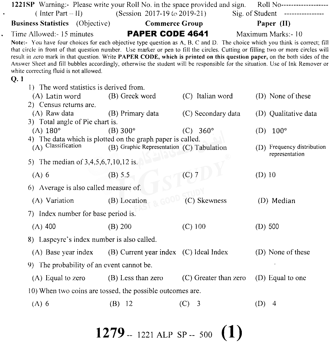 12th Class Business Statistics Past Paper 2022 Sargodha Board Objective