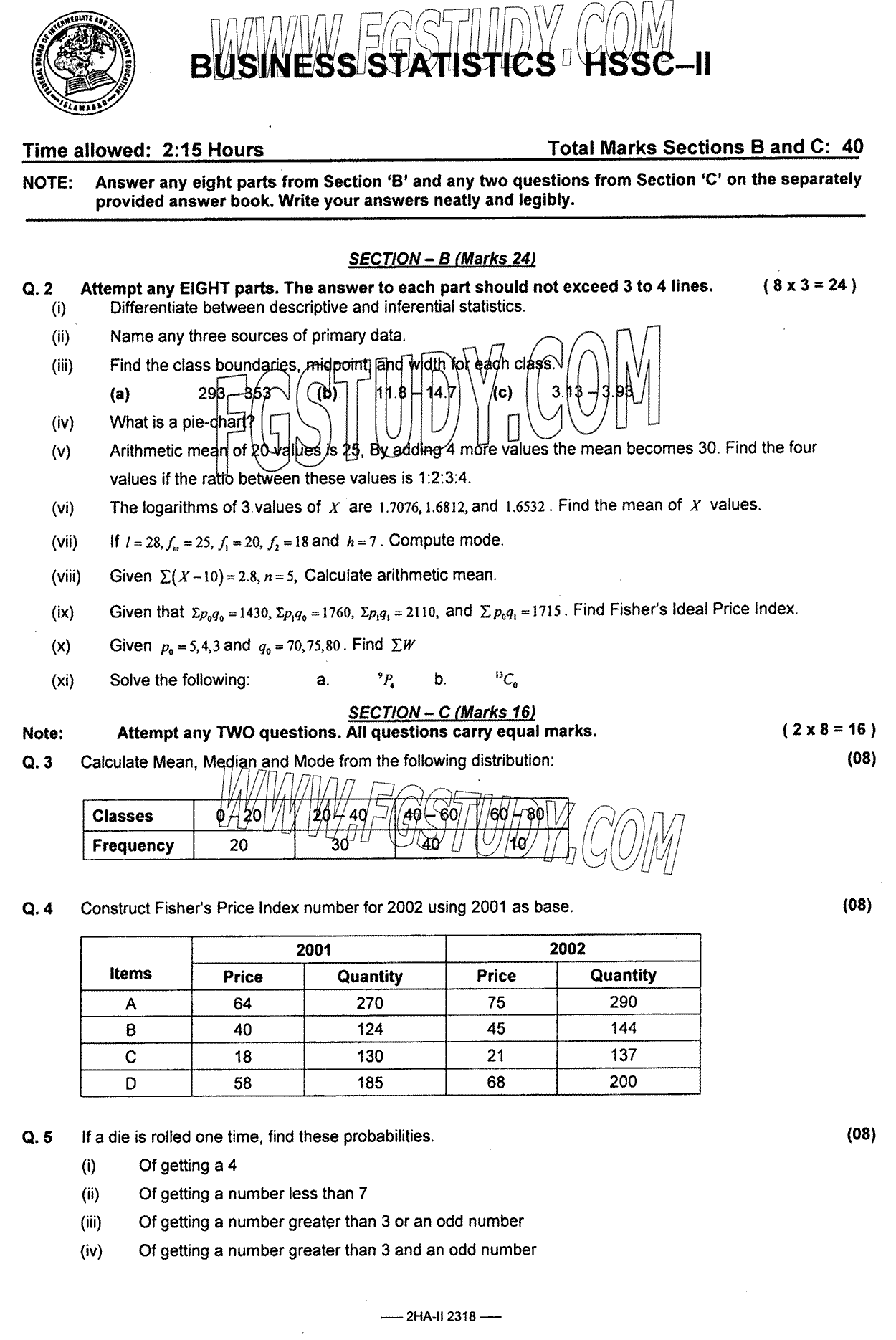 12th Class Business Statistics Past Paper 2023 Federal Board Islamabad Subjective