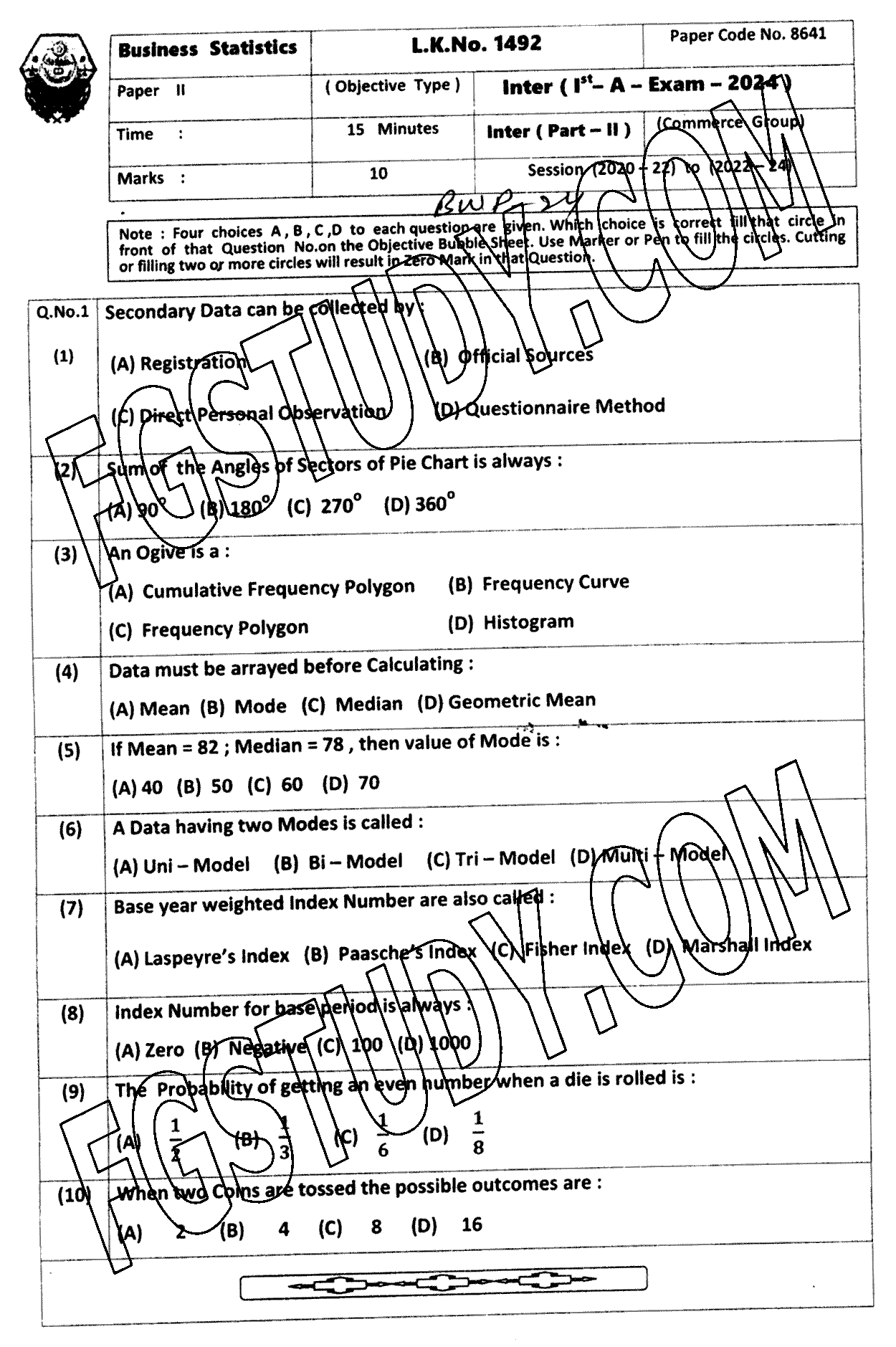 12th Class Business Statistics Past Paper 2024 Bahawalpur Board Objective
