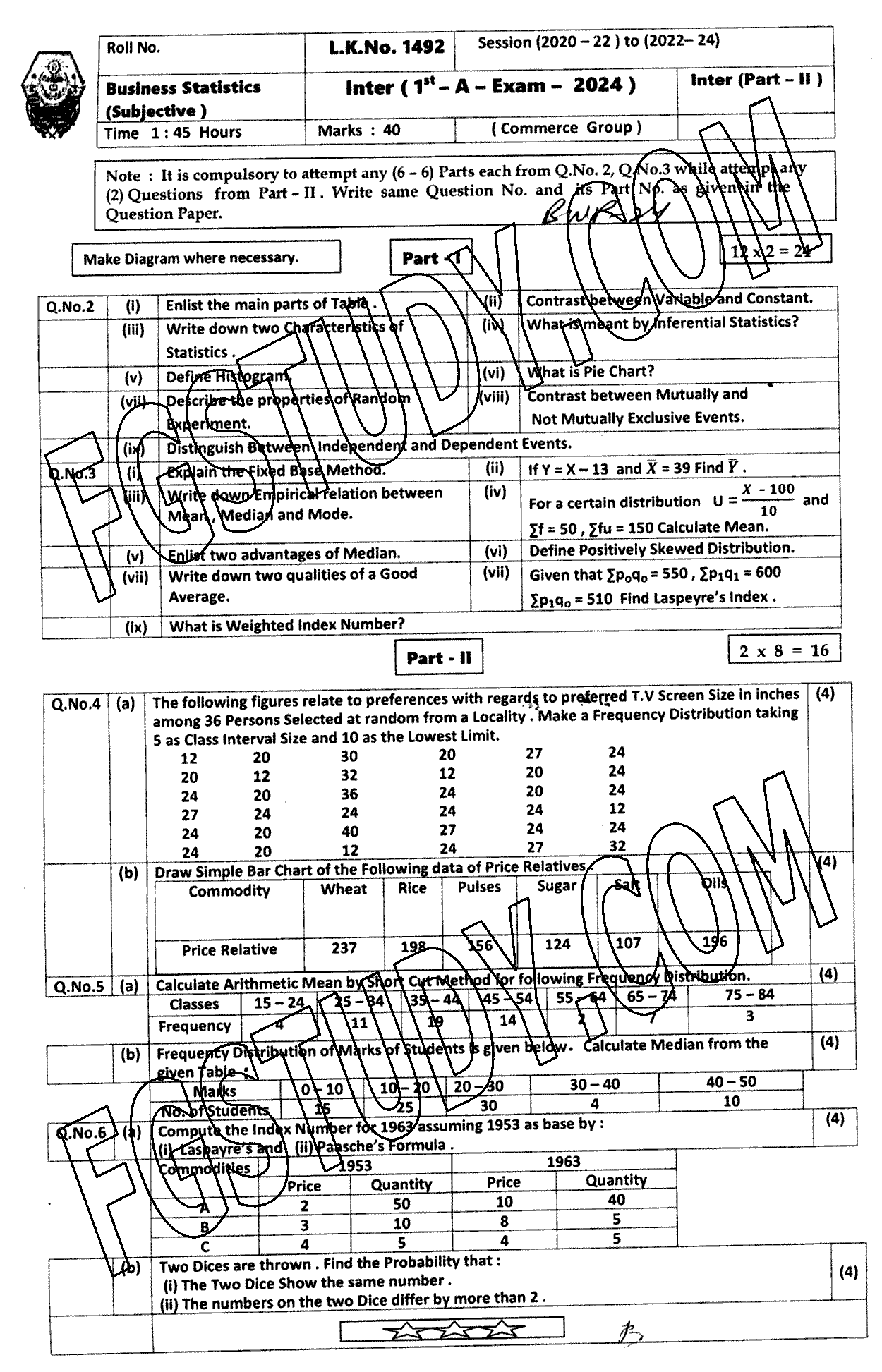 12th Class Business Statistics Past Paper 2024 Bahawalpur Board Subjective