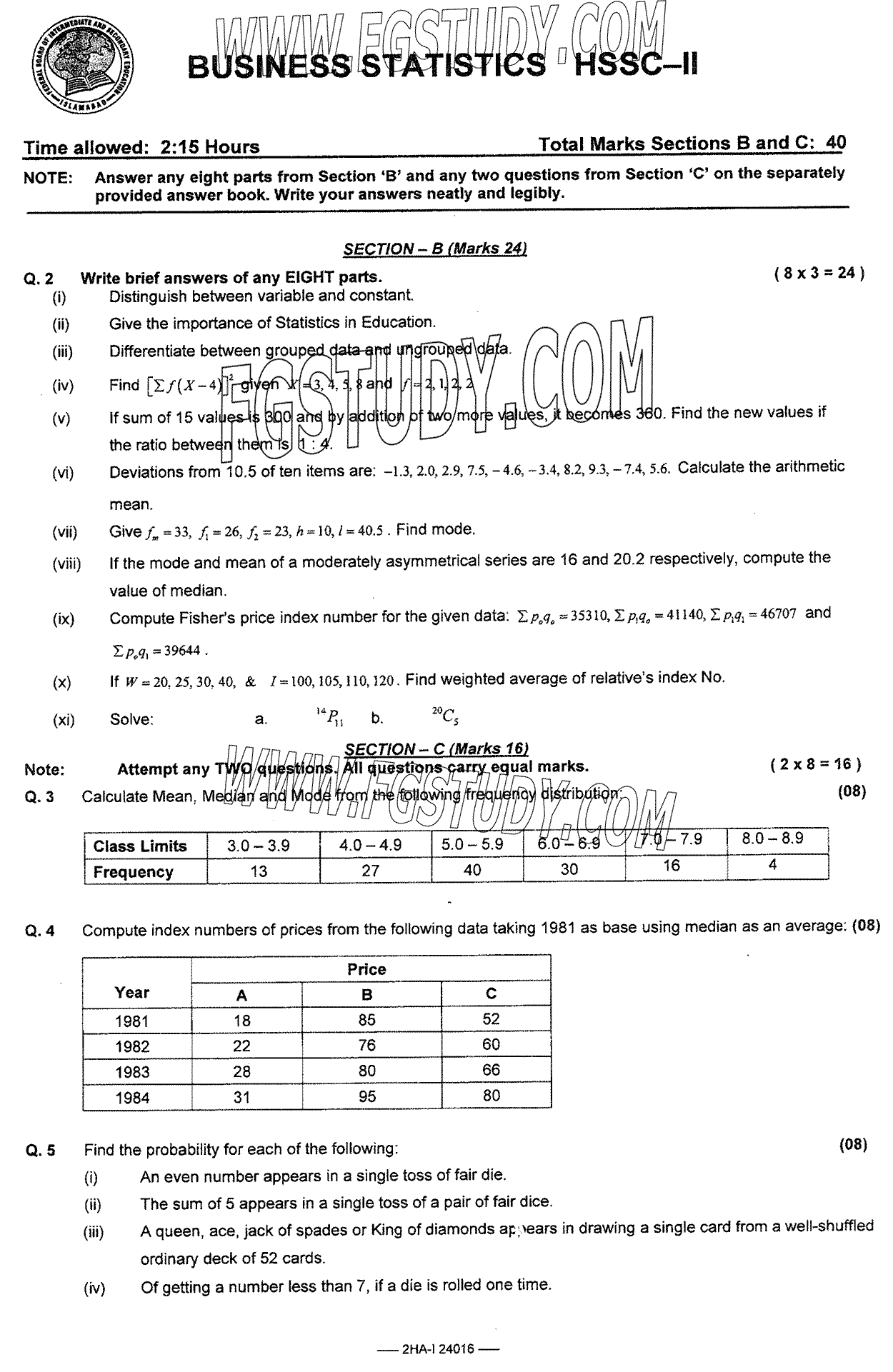 12th Class Business Statistics Past Paper 2024 Federal Board Islamabad Subjective