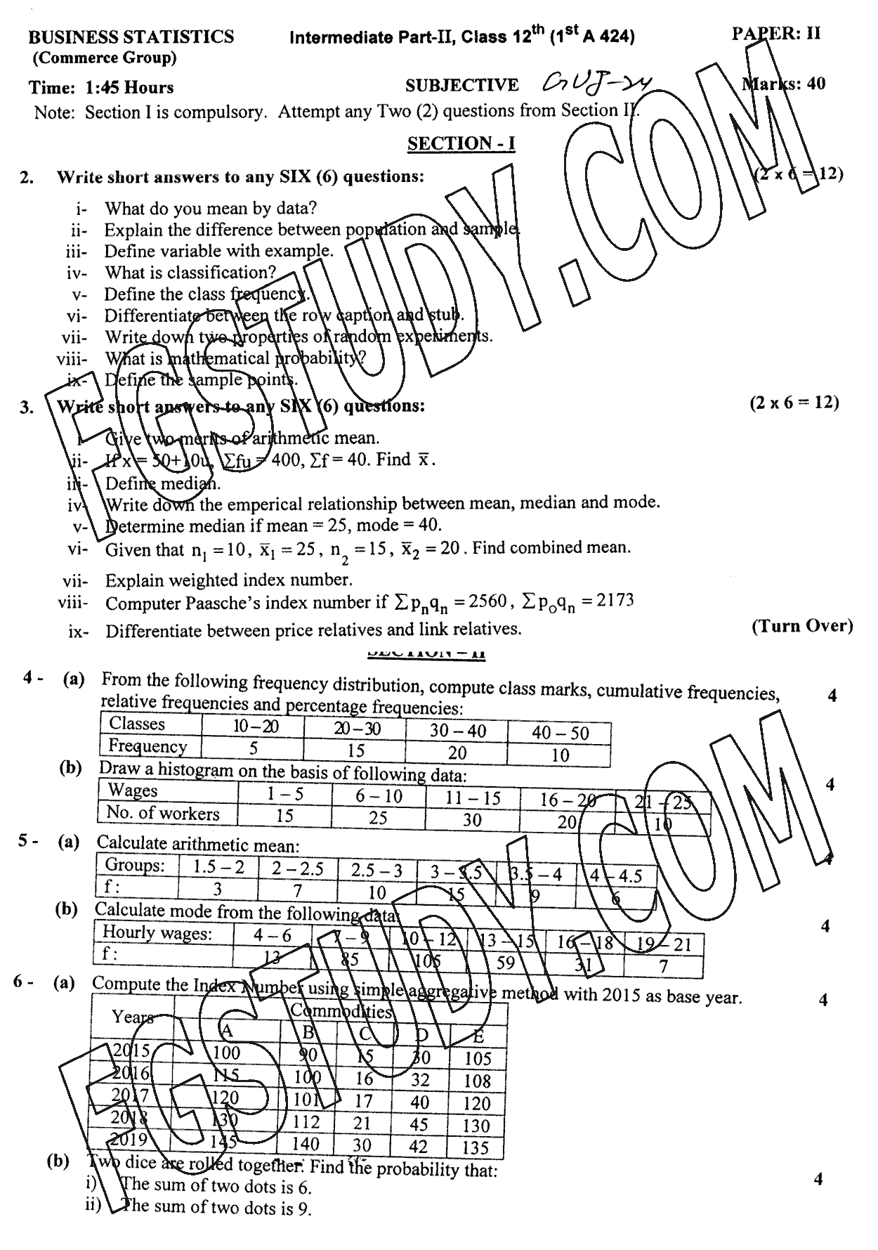 12th Class Business Statistics Past Paper 2024 Gujranwala Board Subjective