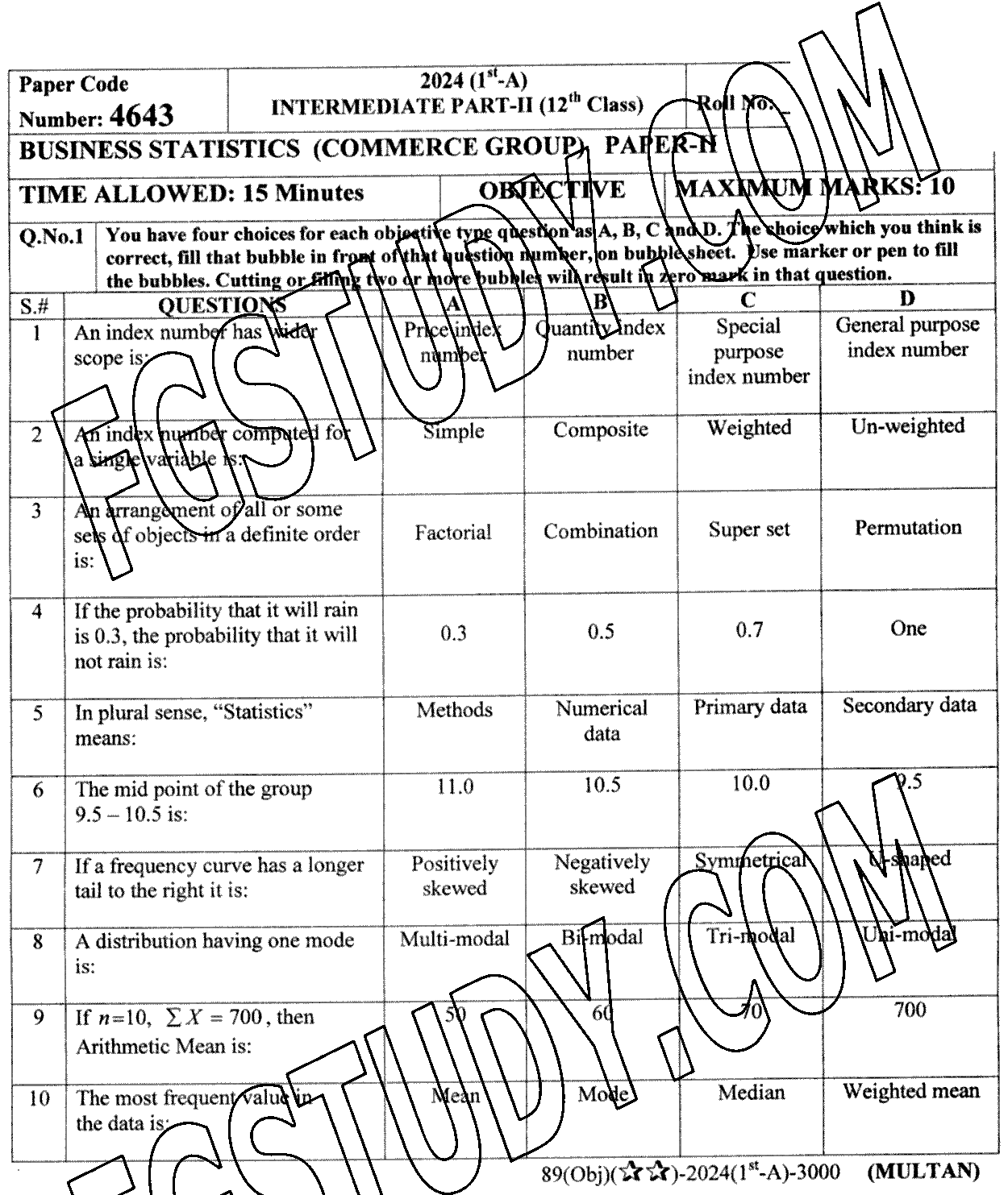 12th Class Business Statistics Past Paper 2024 Multan Board Objective