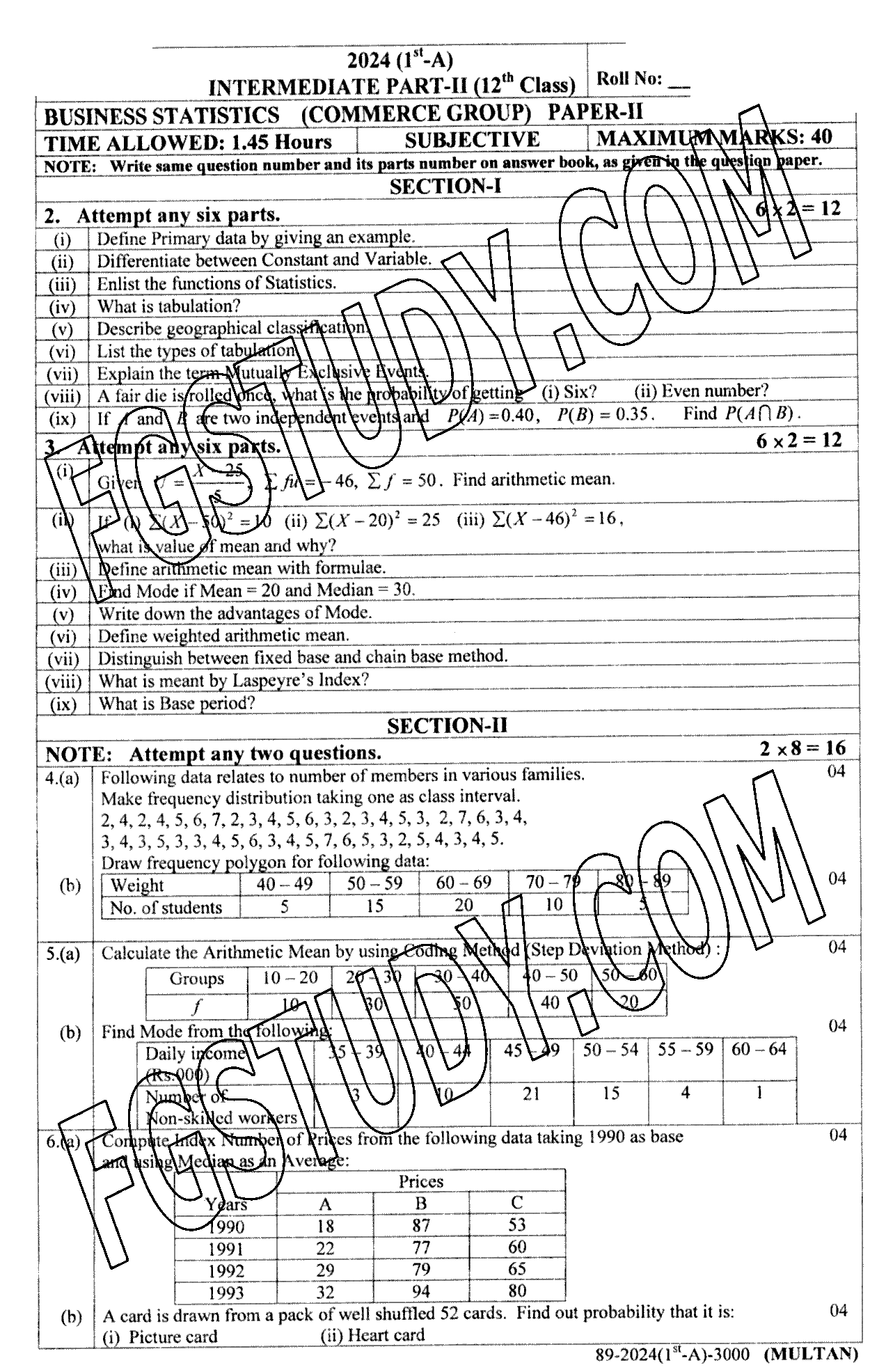 12th Class Business Statistics Past Paper 2024 Multan Board Subjective