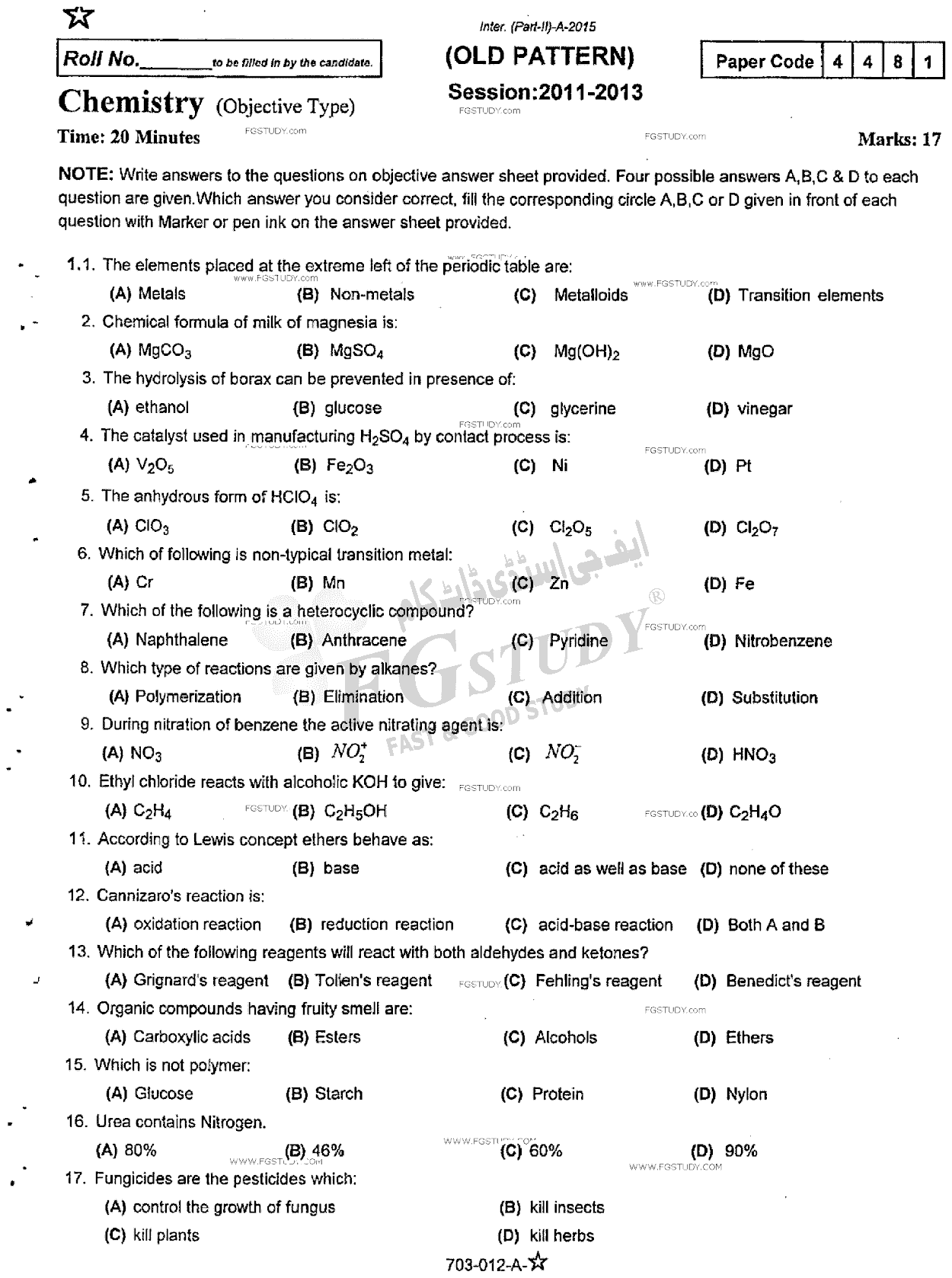 12th Class Chemistry Past Paper 2015 Rawalpindi Board Objective