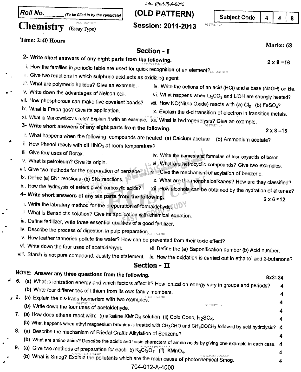 12th Class Chemistry Past Paper 2015 Rawalpindi Board Subjective