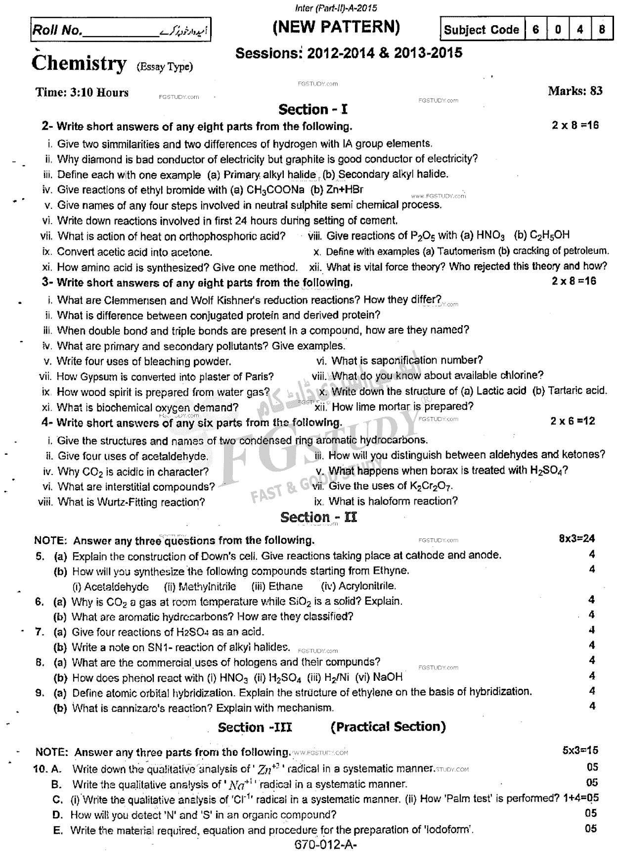 12th Class Chemistry Past Paper 2015 Rawalpindi Board Subjective