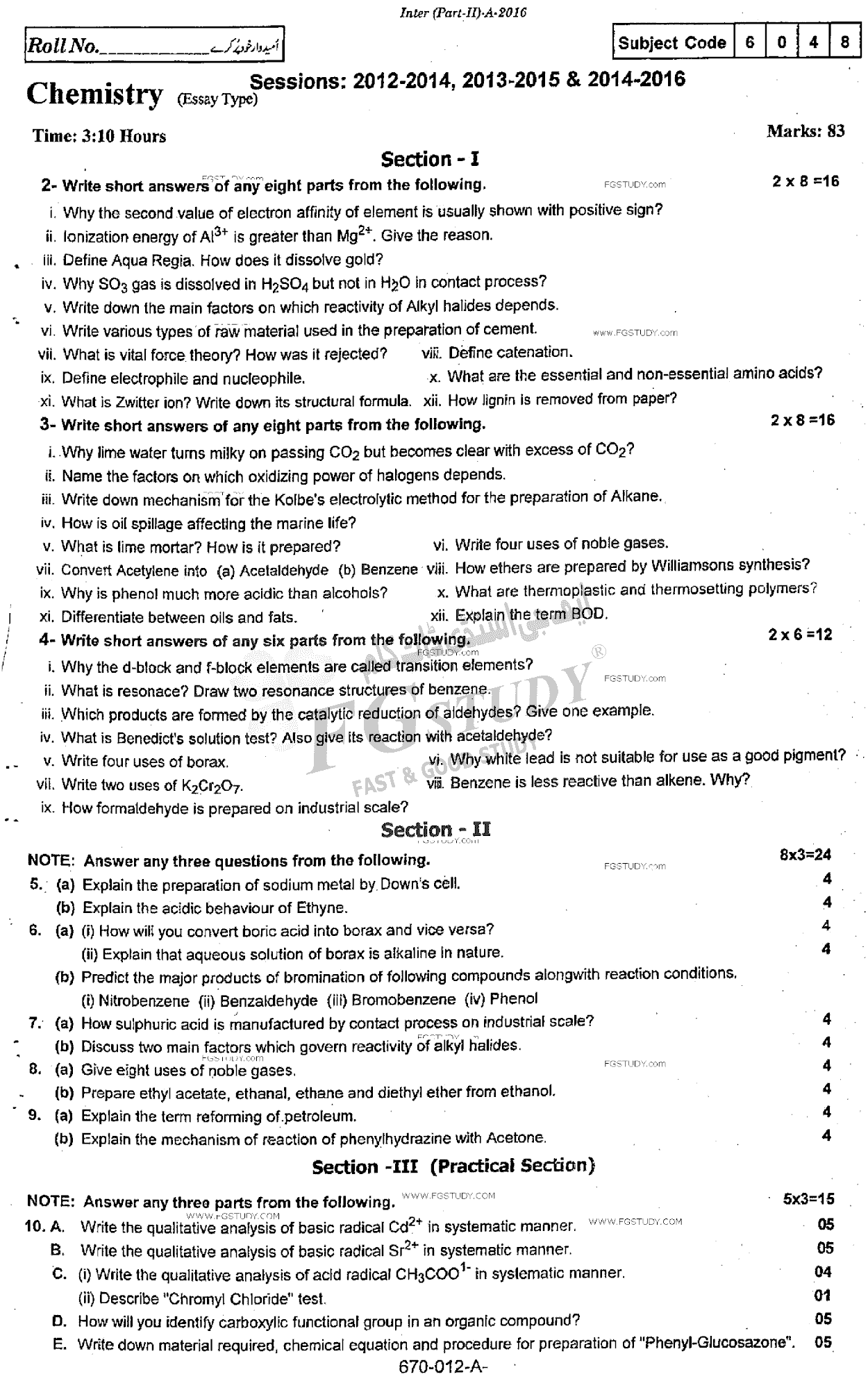 12th Class Chemistry Past Paper 2016 Rawalpindi Board Subjective